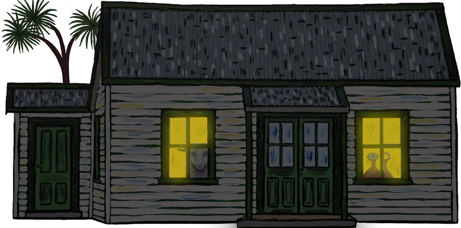 A drawing of a house with a front door and two curtains lit from inside, one showing a lion face and the other a trophy, with trees in the background.