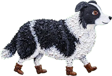 A dog with a body covered in what resembles black and white textured material, wearing small brown shoes on its paws.