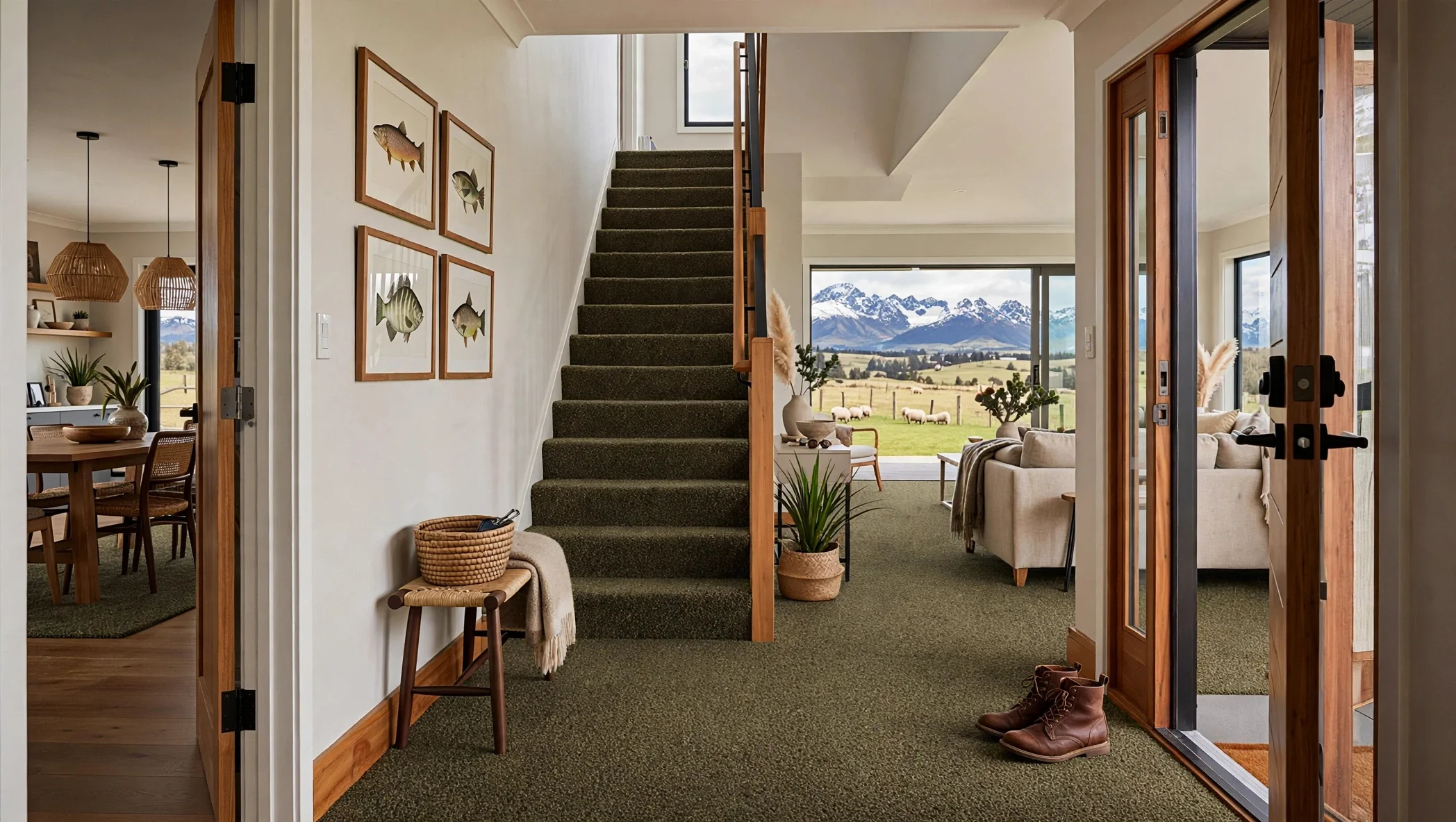 Entryway with view of mountains and pasture, staircase, and living room with beige couch.