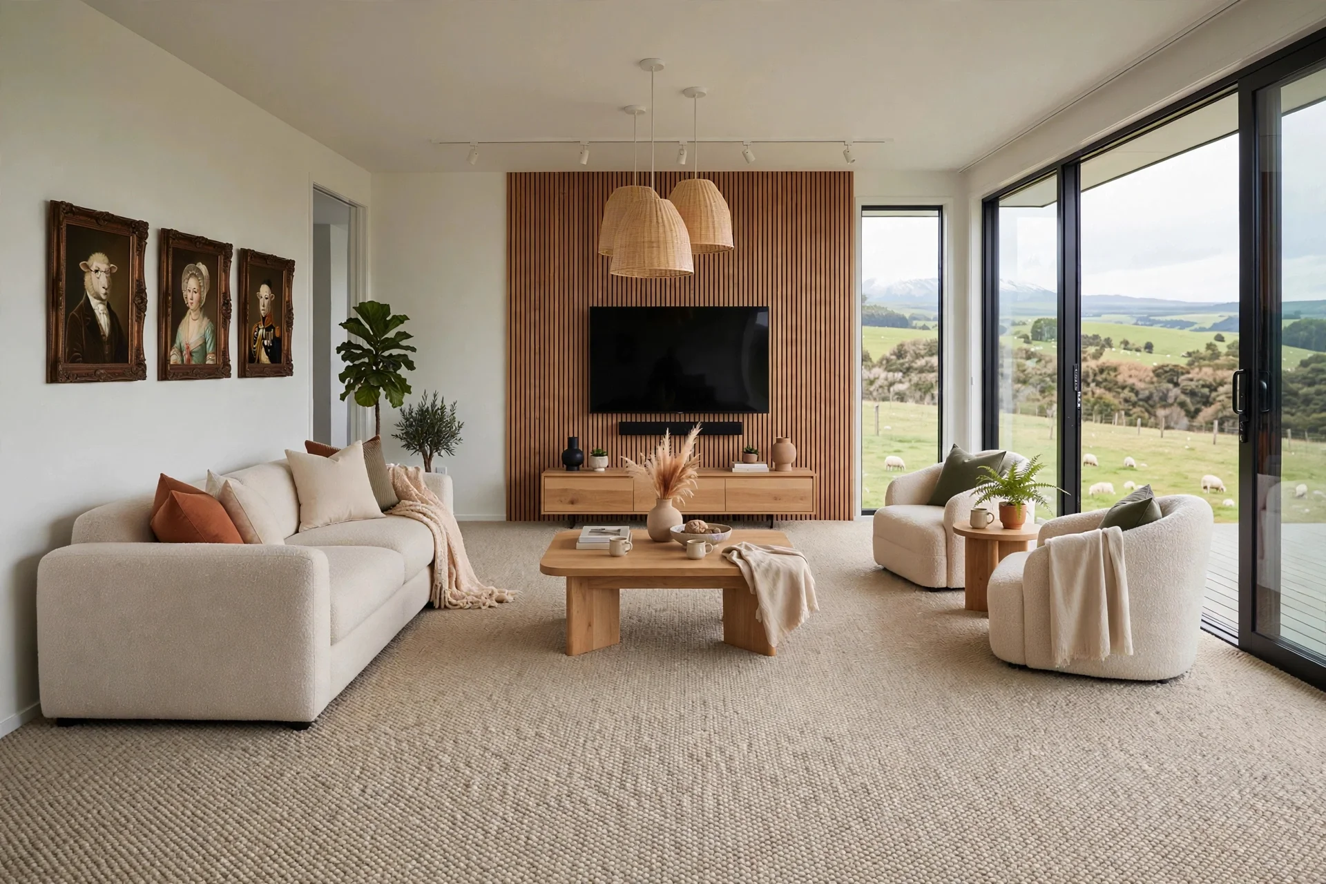 A living room with a beige sofa, armchair, and various pillows. There are black-framed sliding glass doors revealing a scenic view of green fields and mountains. The wall behind the television has wooden slats, with three pendant lights hanging above. There are framed artworks of sheep, a large potted plant, and a coffee table with decorative items and a throw blanket.