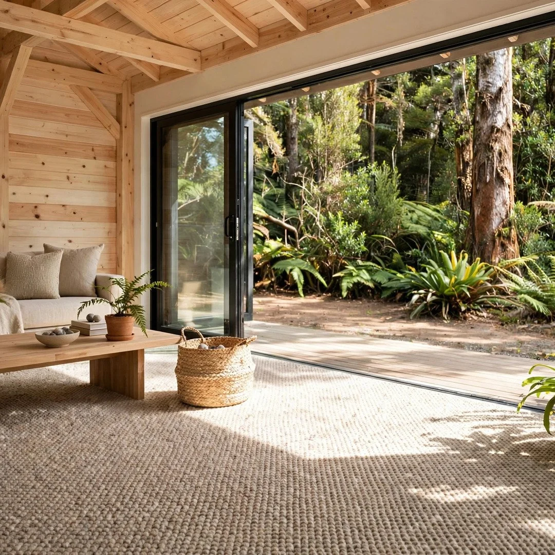 Living room with wooden walls and ceiling, beige sofa, potted plant on wooden coffee table, woven basket, large sliding glass doors open to a lush garden with trees and plants.