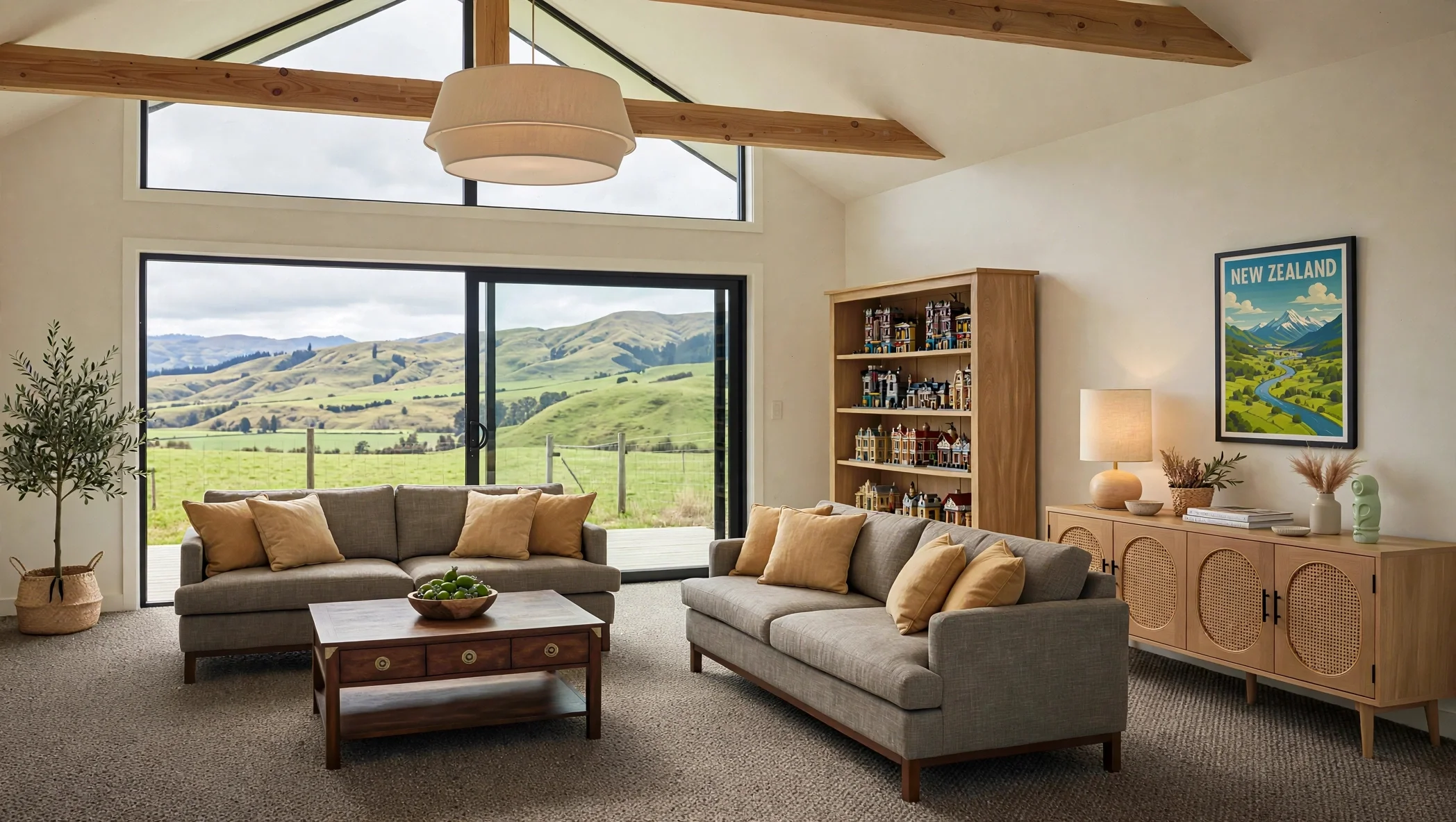 Living room with large windows showing green hills and mountains outside, beige sofas with tan pillows, a wooden coffee table with a bowl of green apples, a bookshelf with model buildings, a framed landscape poster of New Zealand, a table with decorative items, and a potted plant in a woven basket.