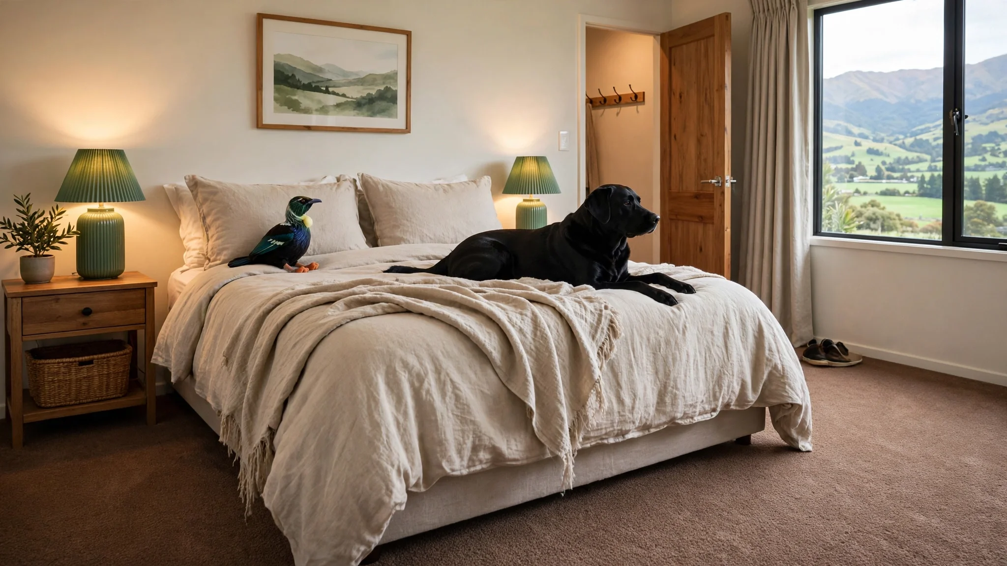A cozy bedroom with a large bed, two green bedside lamps, a painting of mountains, a black dog lying on the bed, and a colorful bird plush toy. Hopeful view of lush green hills outside the window.