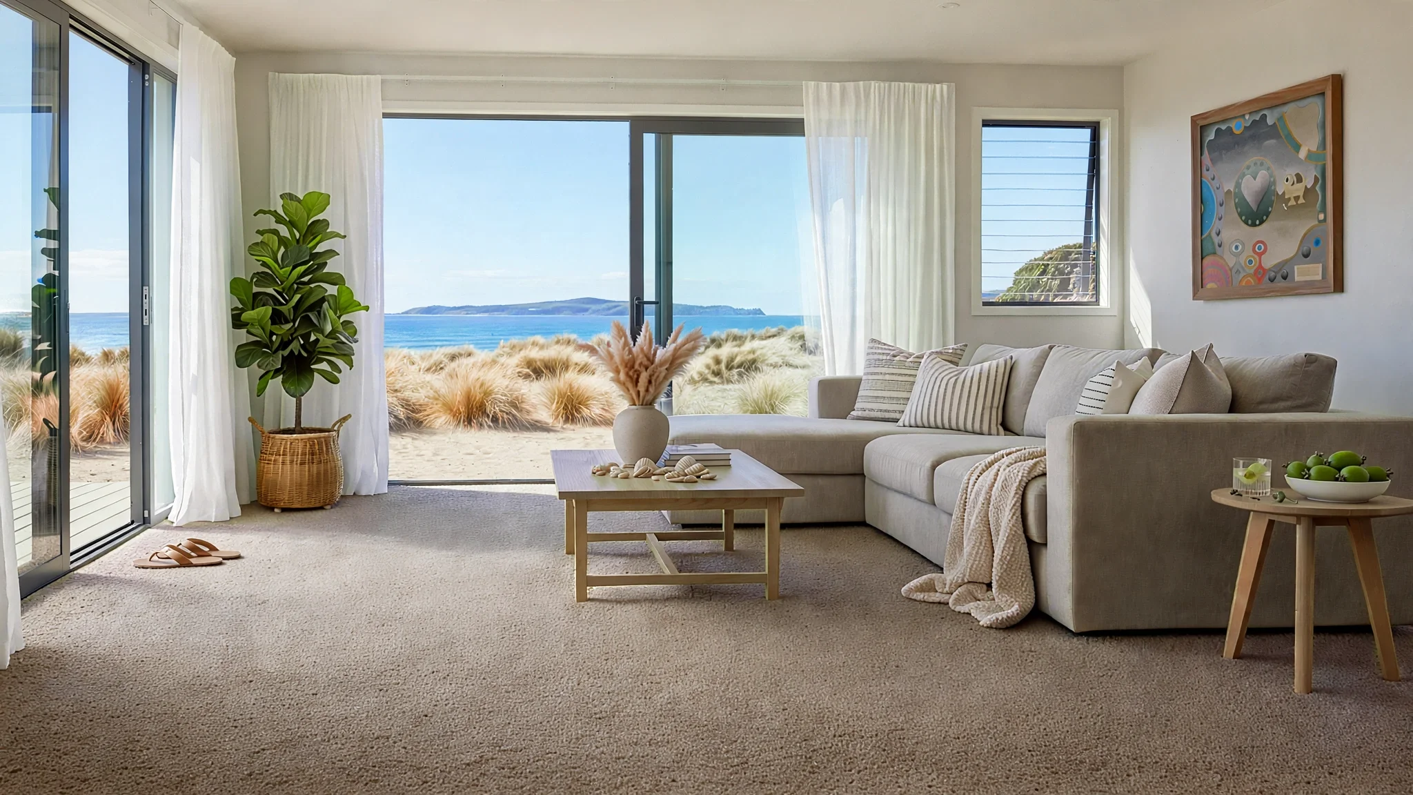 Living room with large glass sliding door opening to beach with sand and tall grasses, white curtains, green potted plant, beige sectional sofa with striped pillows, wooden coffee table with shells, and colorful abstract artwork on wall.