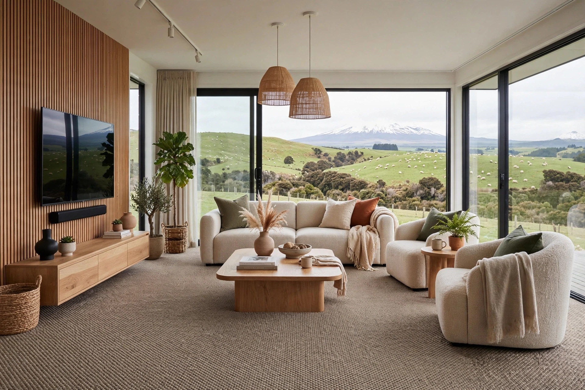 Living room with large windows showing green hills and mountains, cream sofas with pillows, wooden coffee table with decor, potted plants, and a wooden media console with decorative vases.