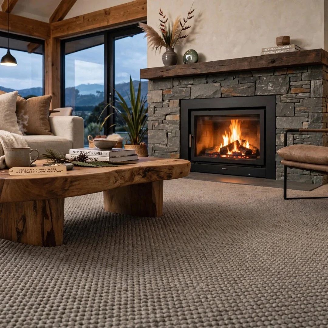 Cozy living room with a stone fireplace lit with fire, wooden beam ceiling, large windows showing a mountain view, a wooden coffee table with books and a mug, plush seating, and decorative vases and plants.