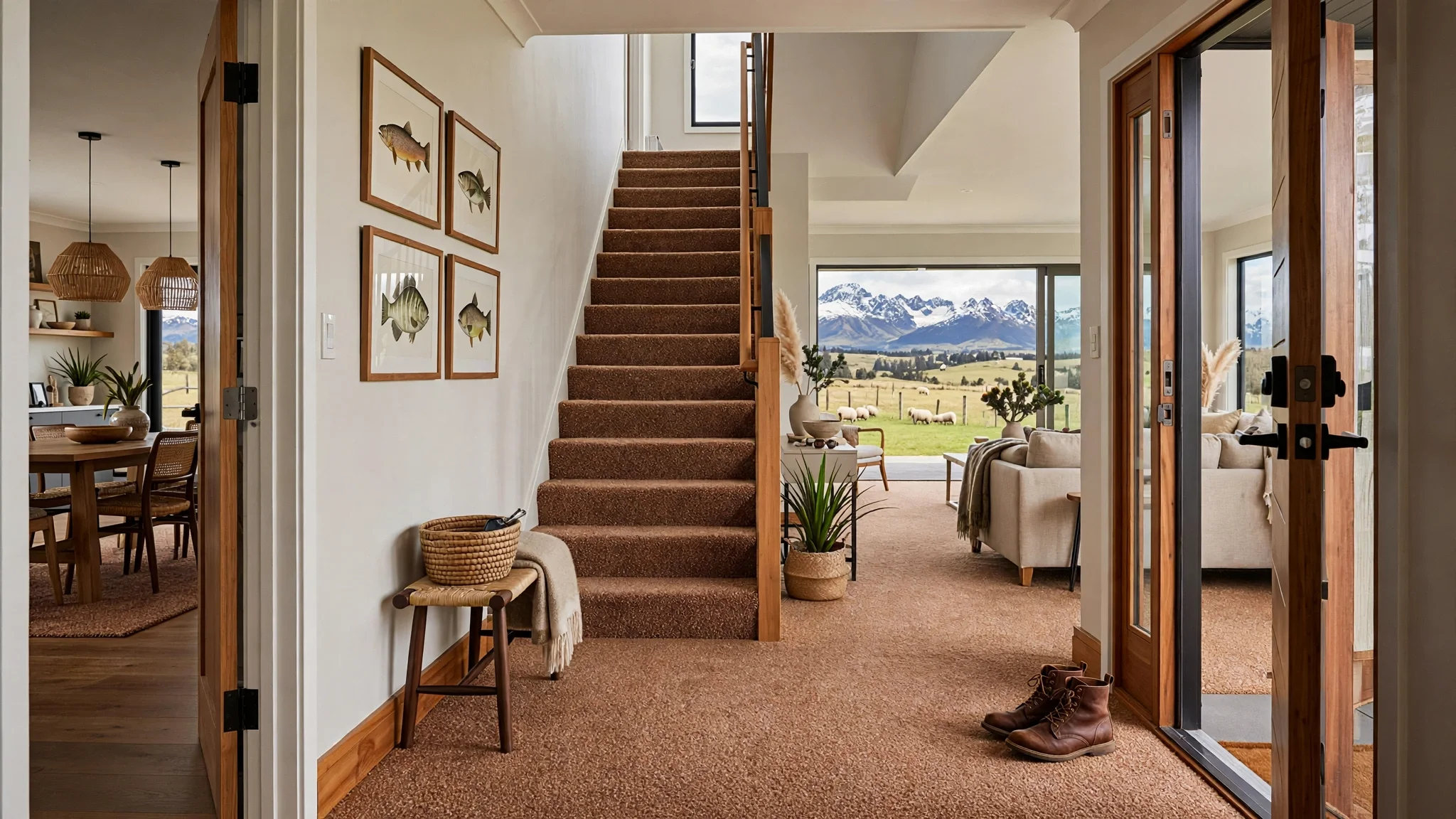 Entrance to a home with views of mountains, a green field, and sheep, seen from inside a living room with stairs, plants, and artwork.