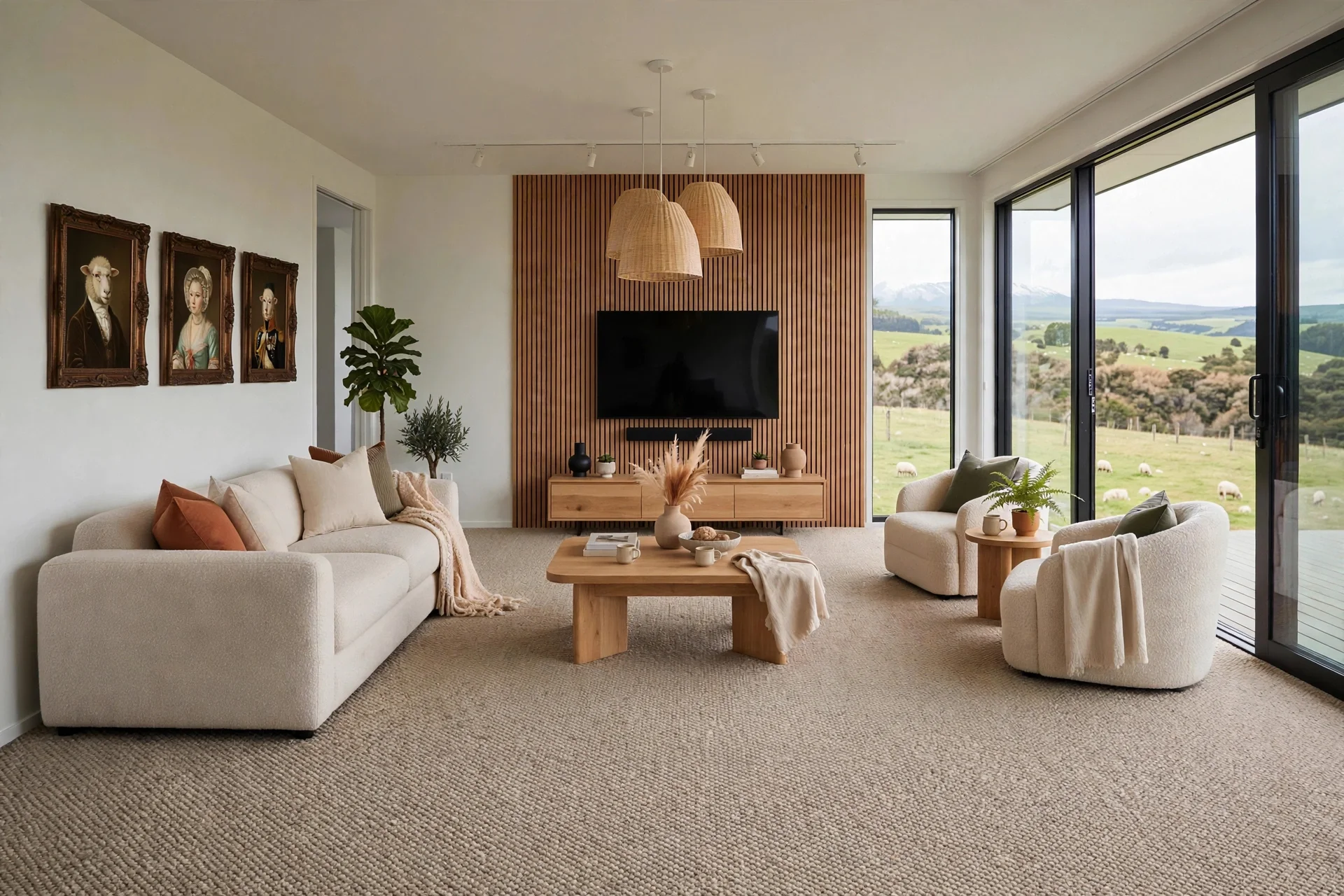 Living room with cream-colored sofa and armchair, wooden coffee table, wall-mounted TV on wooden panel, large windows overlooking green fields and sheep, framed portraits of animals and a person on the wall, indoor plants, and hanging wicker light fixtures.