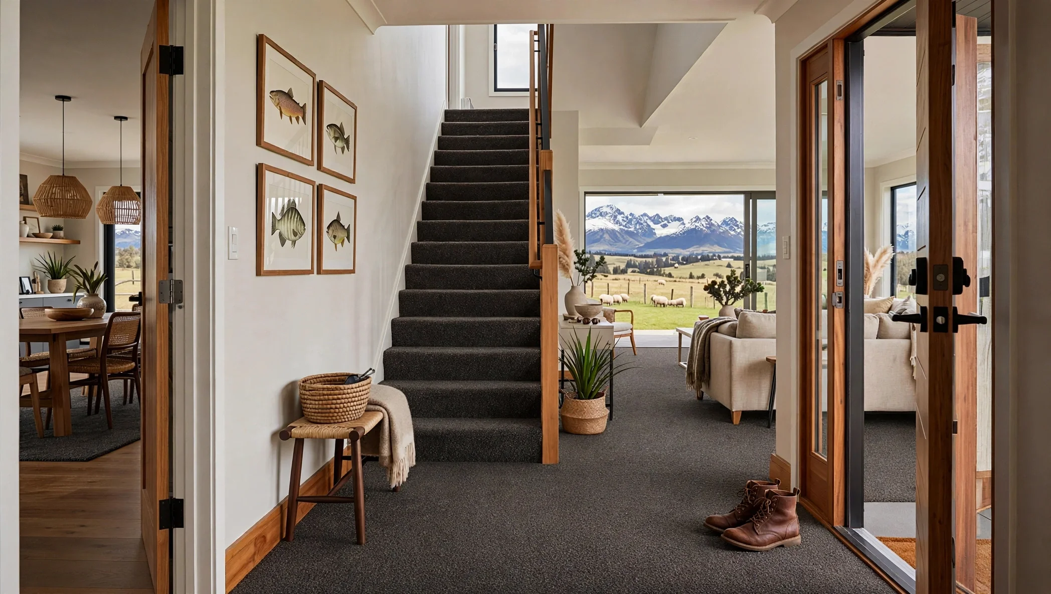 View from interior of modern home showing front door with shoes outside, staircase with black carpet, living room with beige sofas, large window with mountains and fields in the background, and a dining area with pendant lights.