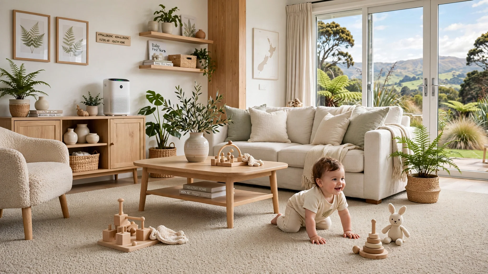 Living room with beige carpet, cream sofa, and wooden coffee table. Child playing on the floor, toys nearby. Large glass door showing a scenic outdoor landscape with trees and hills.