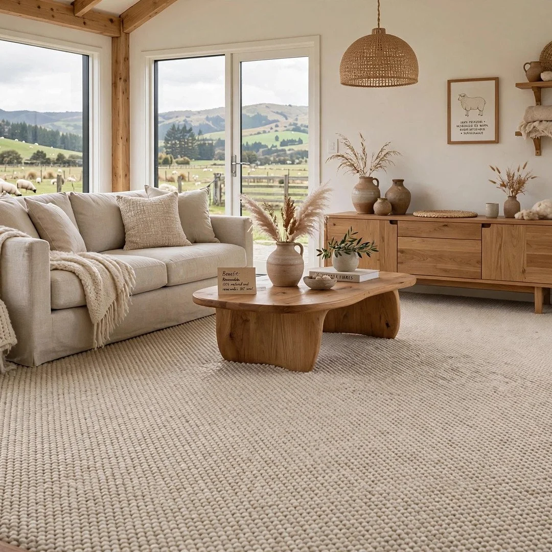 A cozy living room with a light-colored sofa, beige cushions, and a textured throw blanket, positioned in front of large windows overlooking a farm landscape with rolling hills and sheep. A wooden coffee table and a sideboard hold vases, books, and decorative items, with a woven pendant light hanging from the ceiling.