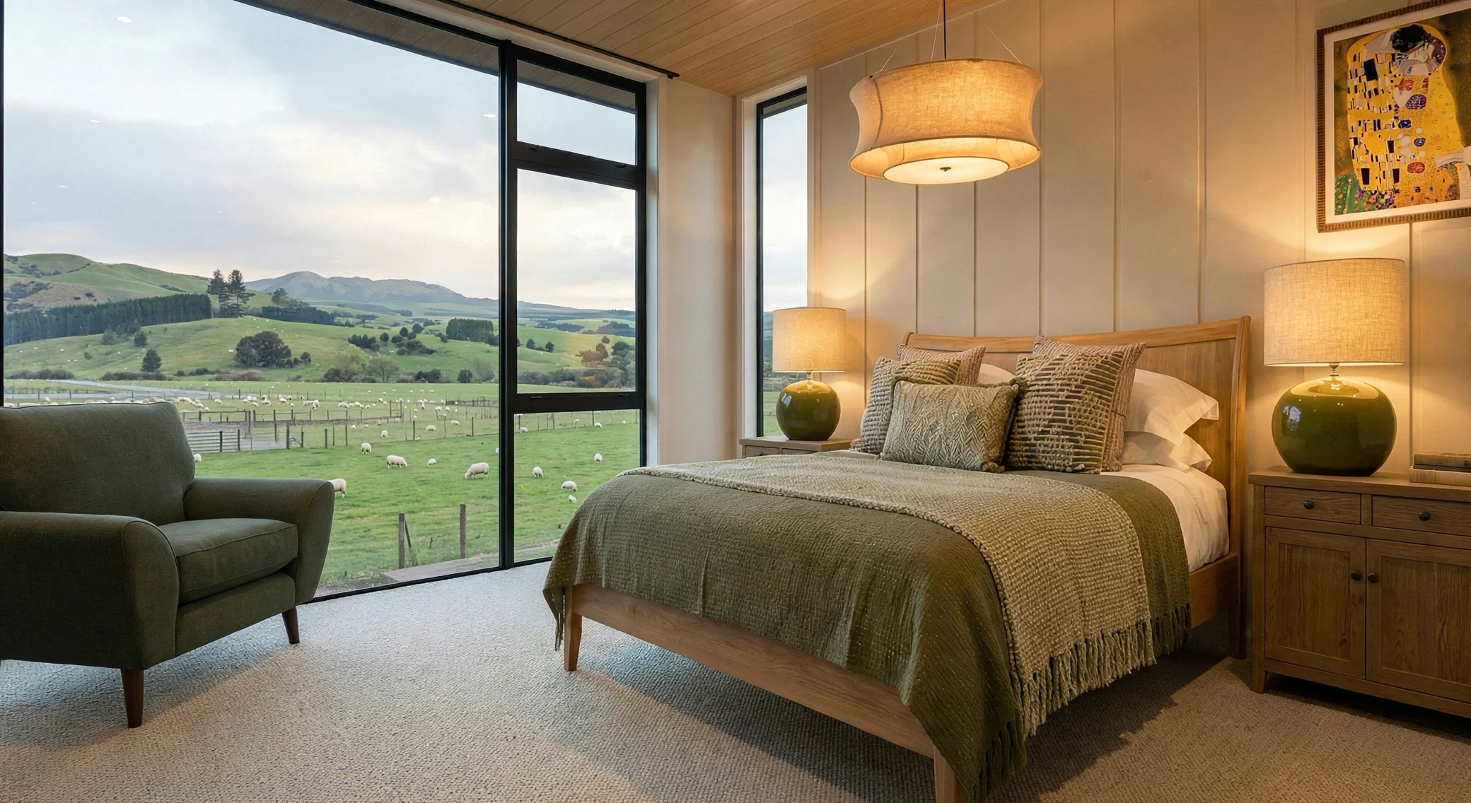 A bedroom with a large window overlooking a green pasture with sheep, hills, and mountains in the background. The room features a bed with pillows, a wooden nightstand with a lamp, and a colorful painting on the wall.