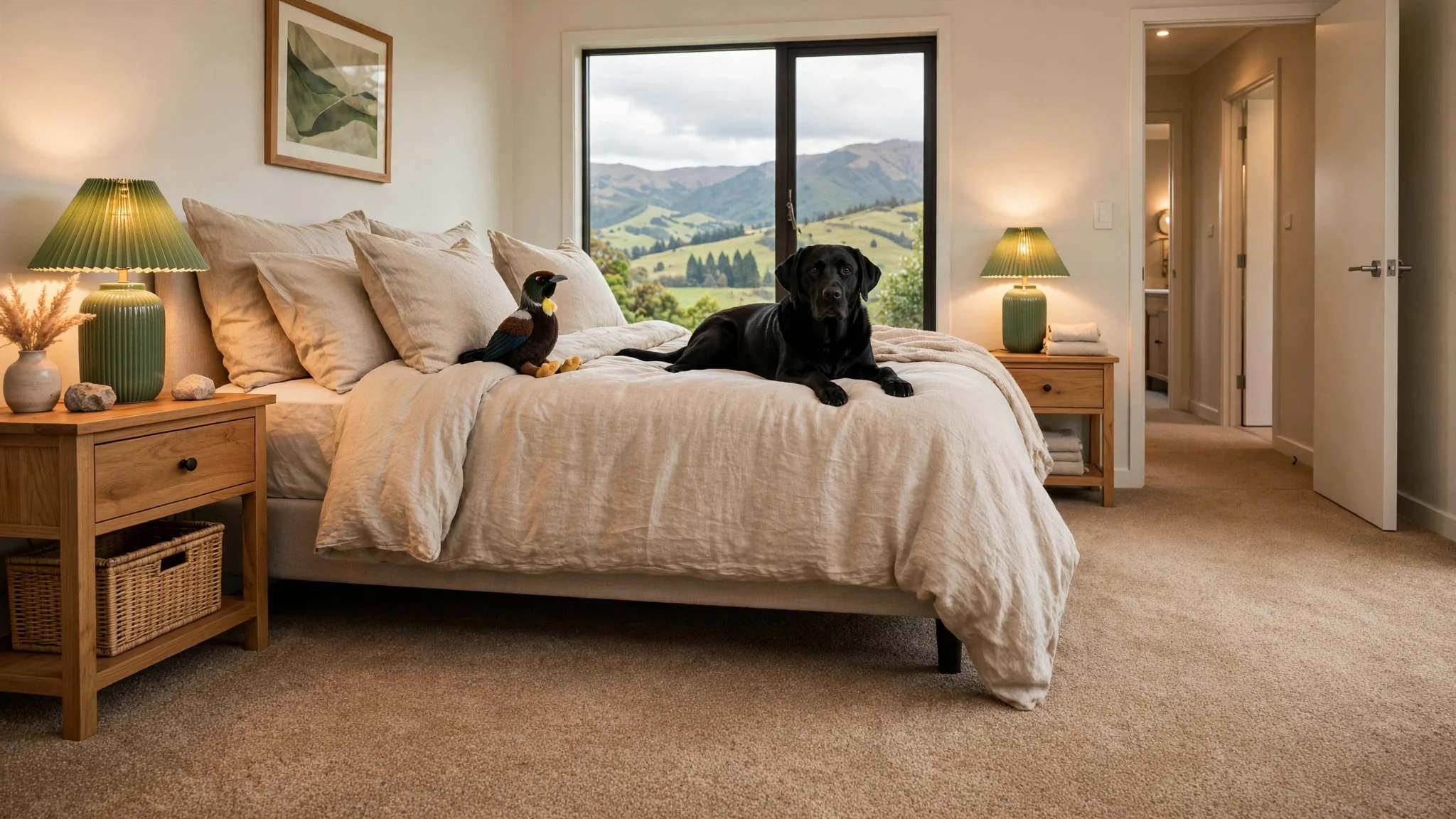 A bedroom with a large bed with beige bedding and multiple pillows, two green bedside lamps, a decor frog with a yellow bow tie, a black dog lying on the bed, and large windows showing a landscape of rolling hills and mountains.