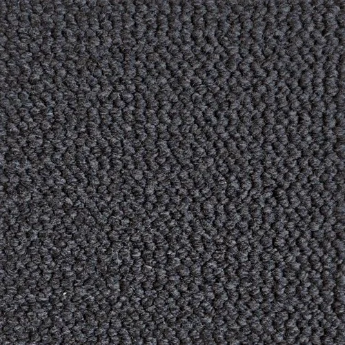 Close-up of a dark gray textured carpet with tightly looped fibers.