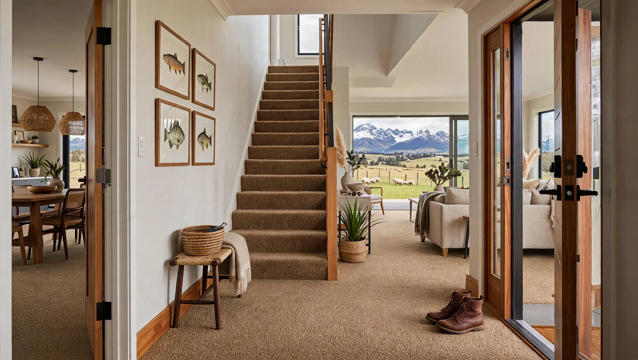 Interior view of a house with a staircase leading to the upper floor, framed landscape window showing mountains and a pasture with sheep, and a cozy living and dining area with wooden accents and decorative fish artwork on the wall