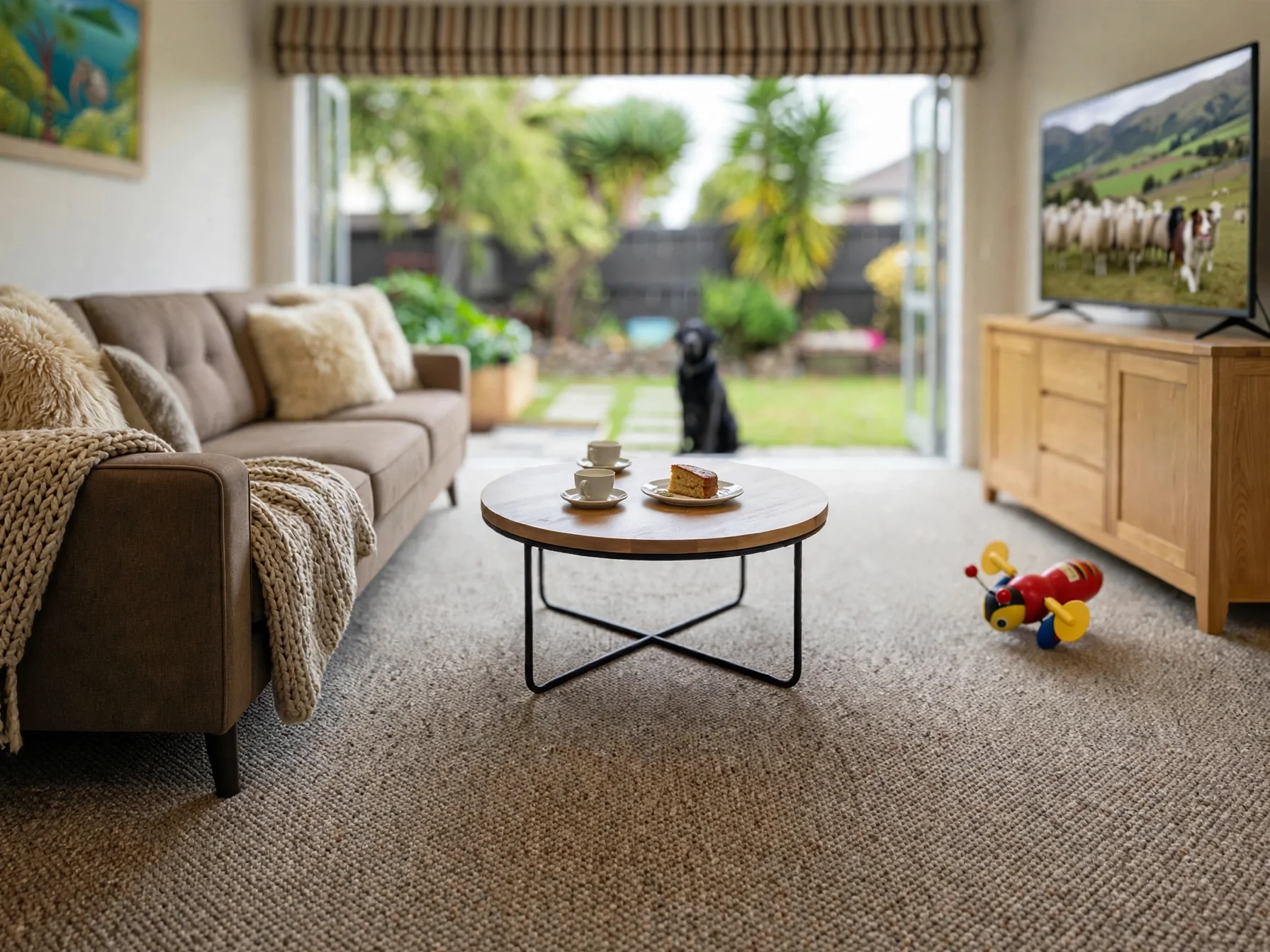 Living room with a beige sofa, chunky knit throw blanket, and plush pillows, a round wooden coffee table with tea cups and a slice of cake, and an open door leading to a garden with greenery and trees. There is a black dog outside, a TV on a wooden cabinet showing a herd of sheep, and a colorful toy on the carpet.
