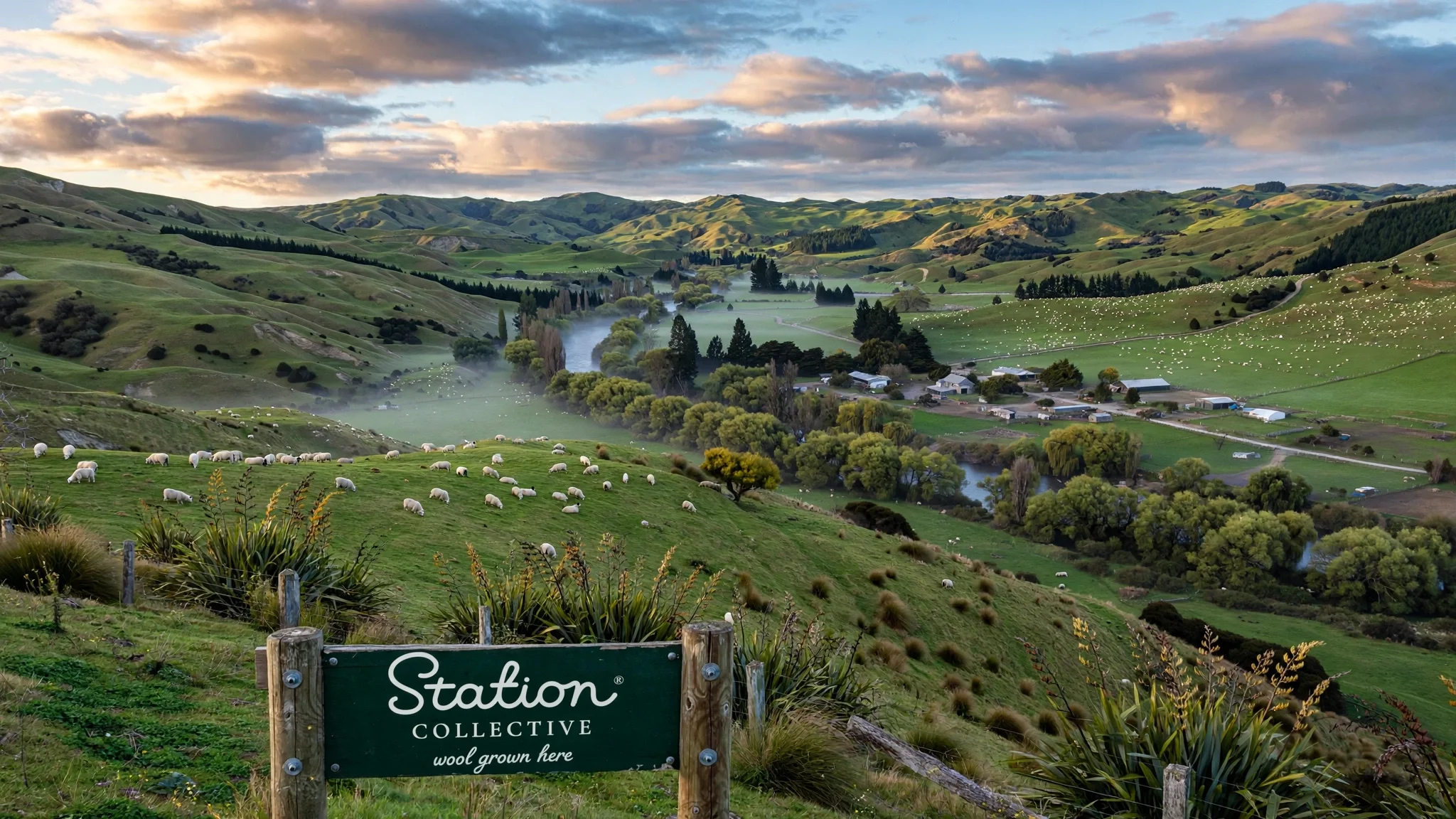 Scenic view of rolling green hills, a river winding through the valley, sheep grazing, and a farm with buildings. Cloudy sky with sunlight breaking through.