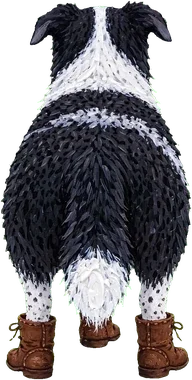 Back view of a black and white dog sculpture with hair-like texture, wearing brown boots