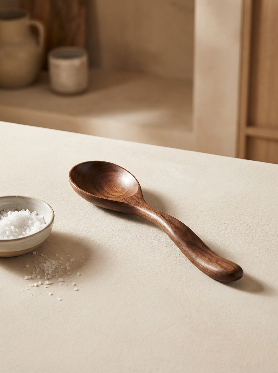 A wooden spoon, a small bowl of salt, and scattered salt on a light-colored surface in a kitchen setting.