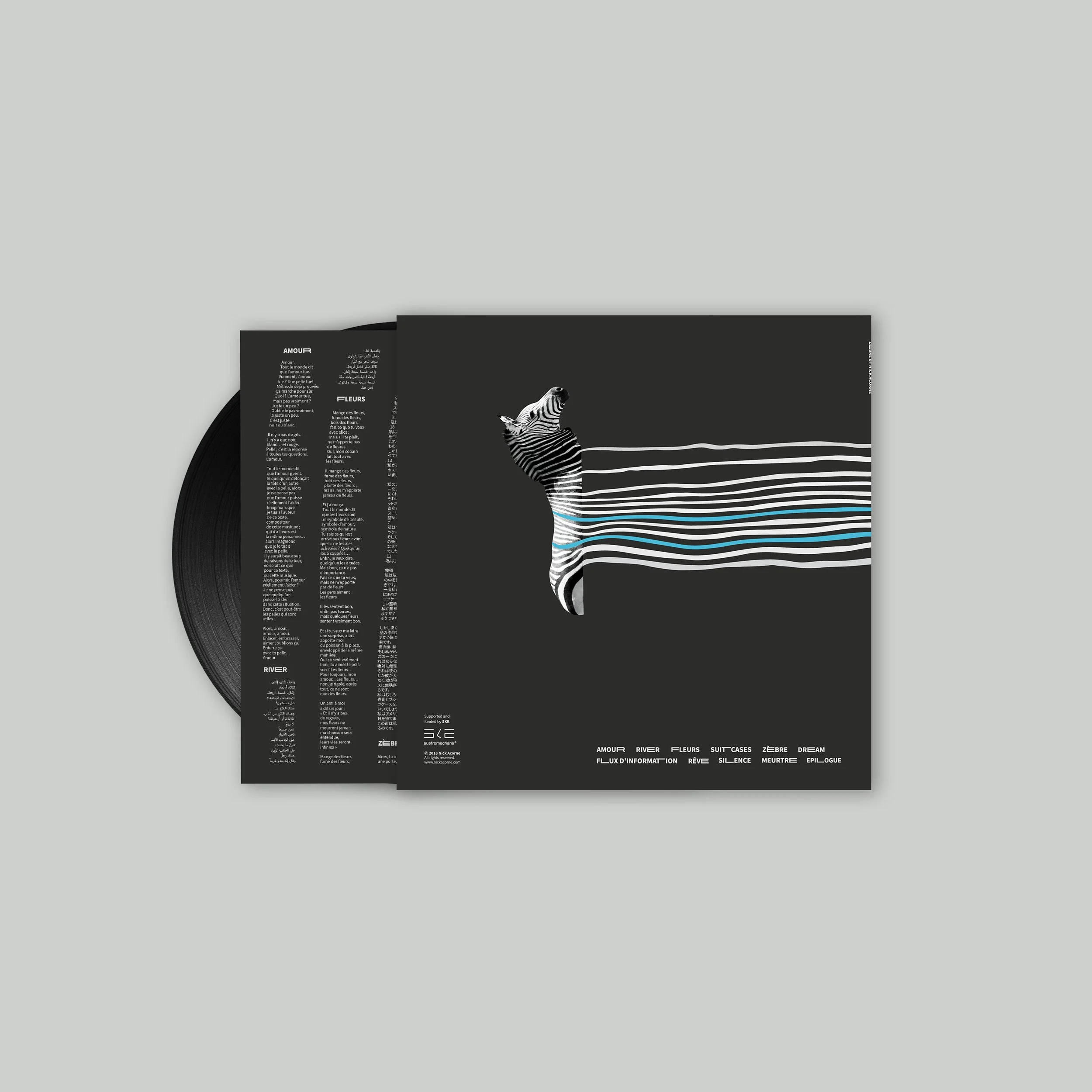 Zèbre vinyl - This vinyl cover was designed and illustrated for artist and composer Nick Acorne. The cover artwork combines photography and vector graphics in a collage.