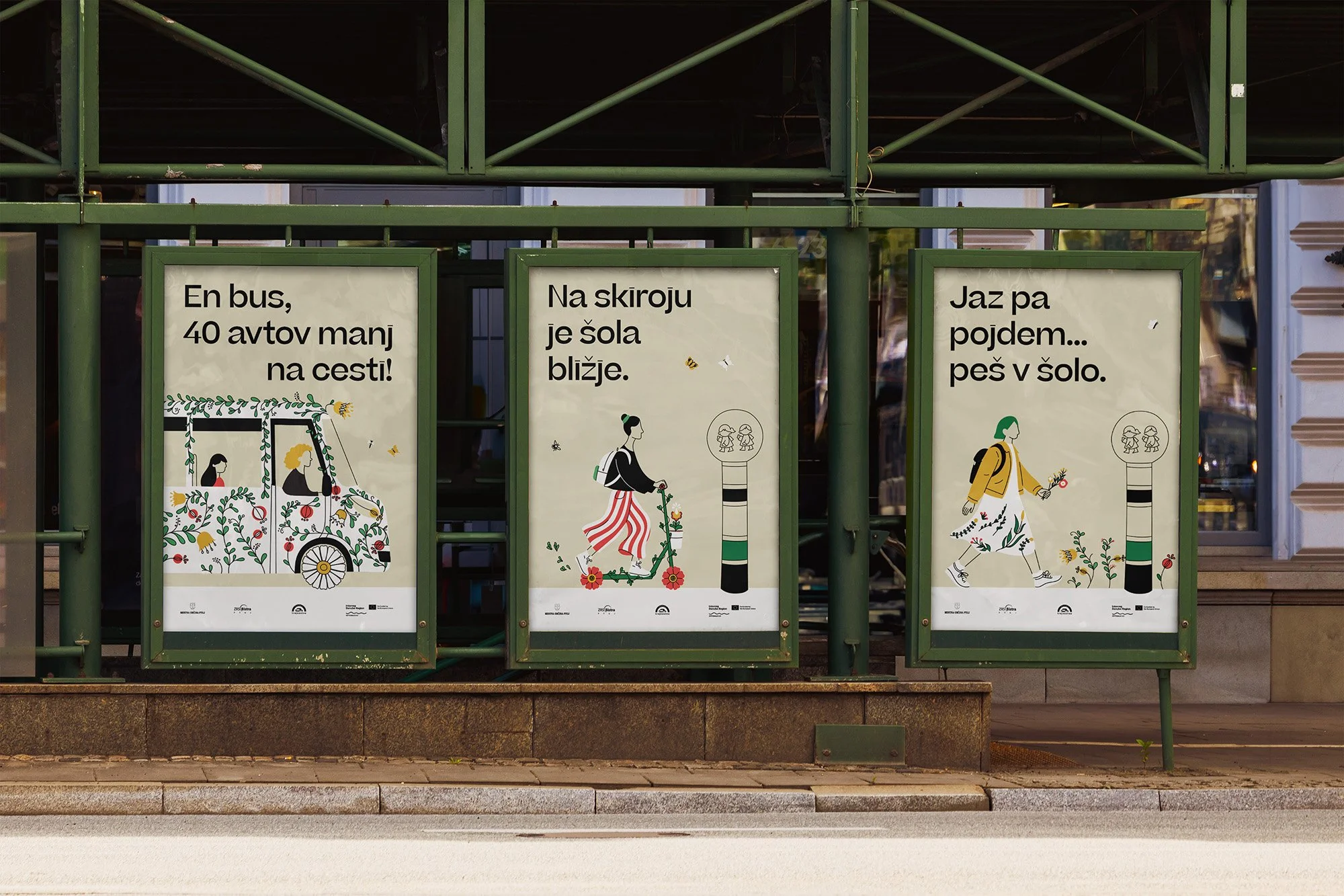 Three B1 posters  for "Safe to School, Travel Sustainably!" Communication campaign was developed as part of the CityWalk 2.0 Ptuj project to promote sustainable ways of travelling to school..