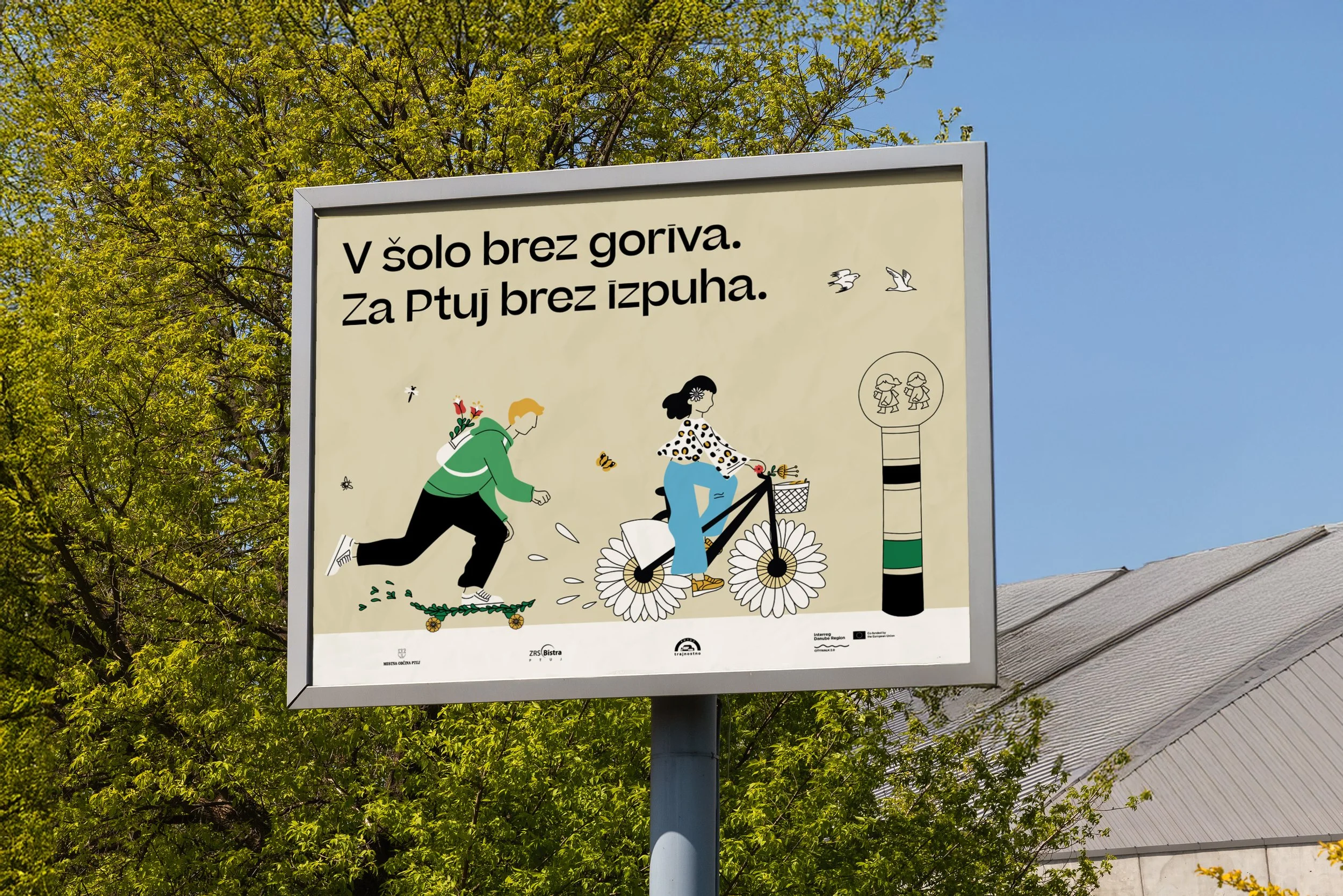 Billboard  - Varno v šolo "Safe to School, Travel Sustainably!" Communication campaign was developed as part of the CityWalk 2.0 Ptuj project to promote sustainable ways of travelling to school..