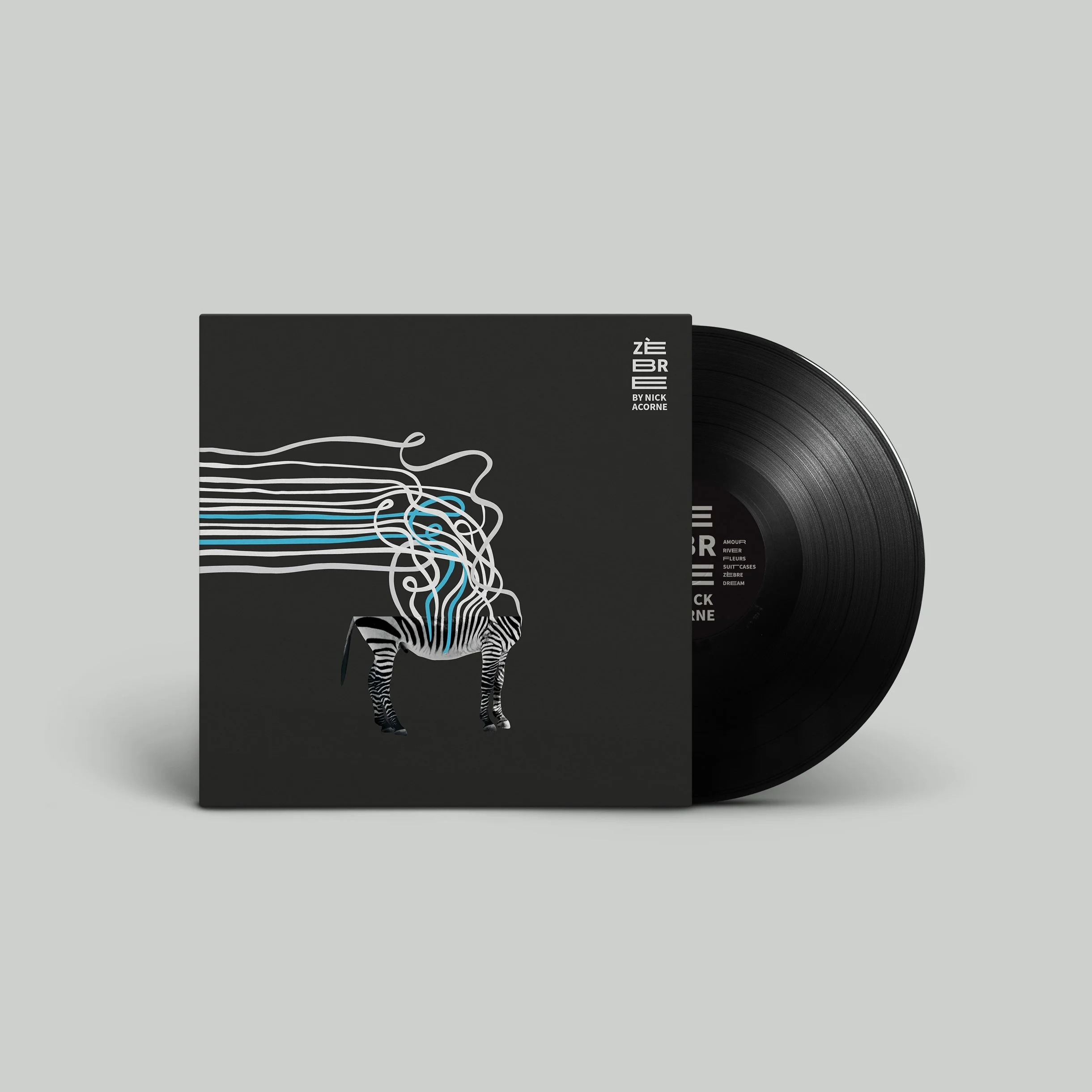 Close-up of a black vinyl record partially inside a black album cover with minimalist white line art of a zebra neck and head, and the title 'ZEBRE' by Nick Acorne on the cover's top right corner.