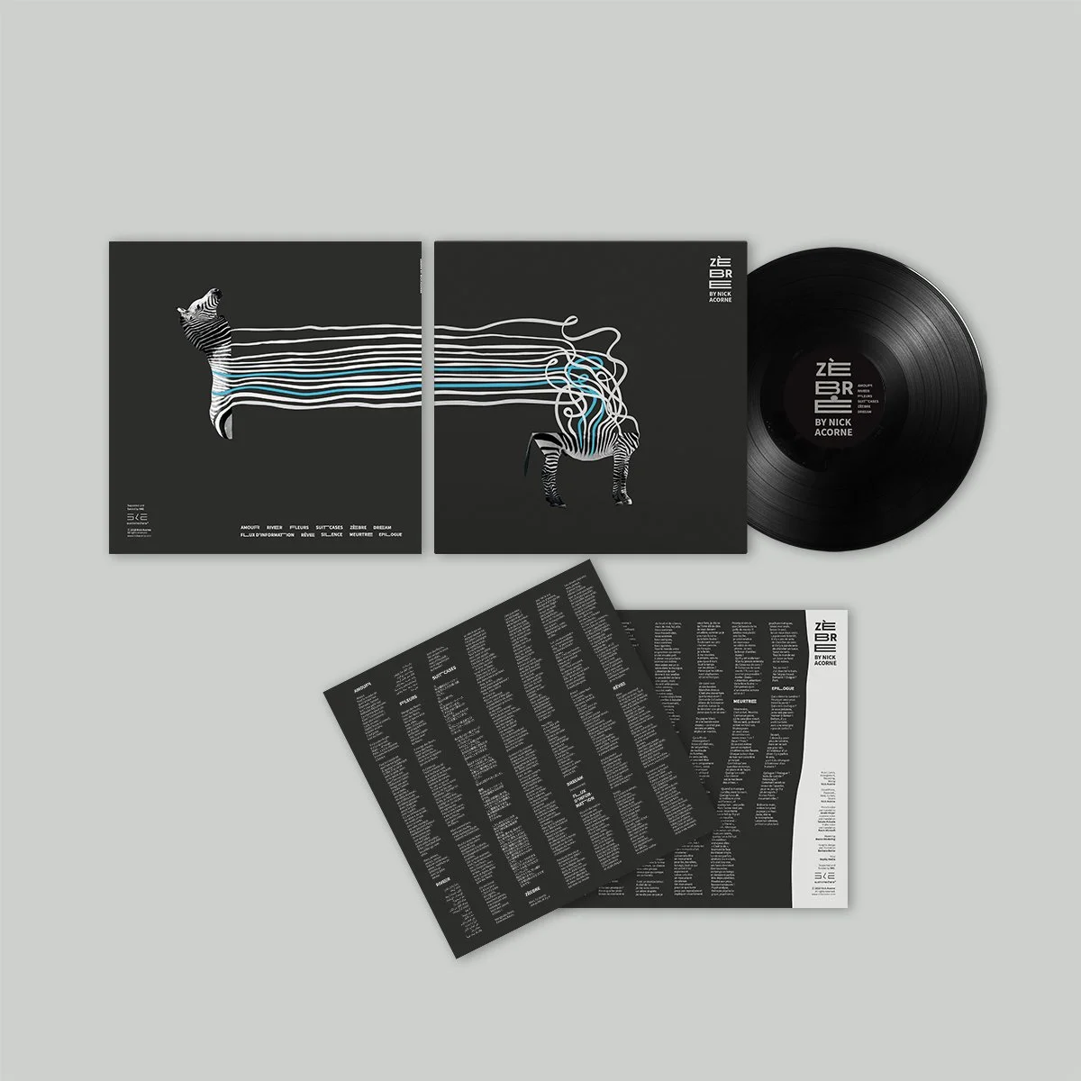 Zèbre vinyl - This vinyl cover was designed and illustrated for artist and composer Nick Acorne. The cover artwork combines photography and vector graphics in a collage of a Zebra.