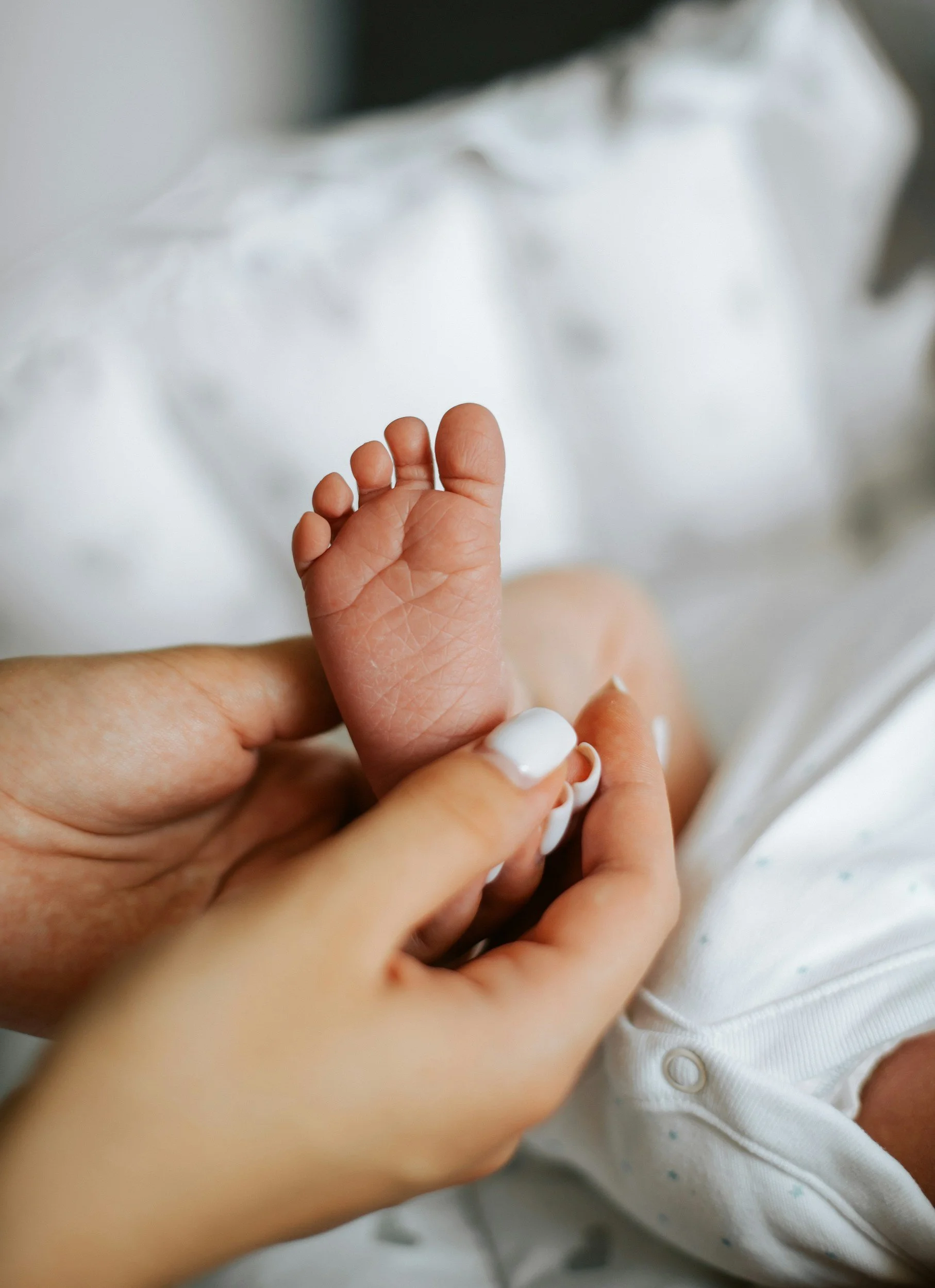 A close-up of an adult's hand holding a tiny baby's hand, with the baby wearing a white outfit with a button, against a soft white background.