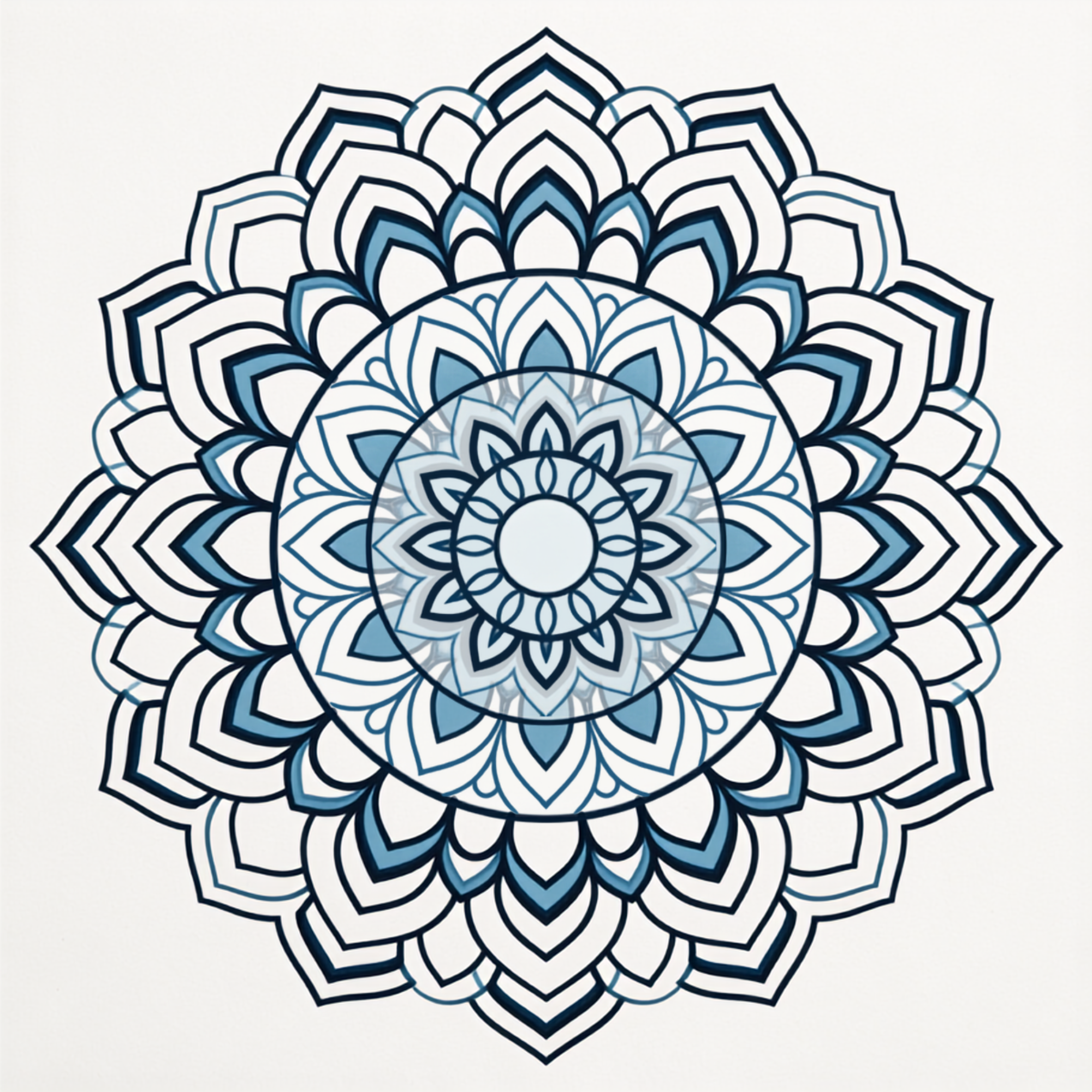 Blue and black mandala pattern on a white background