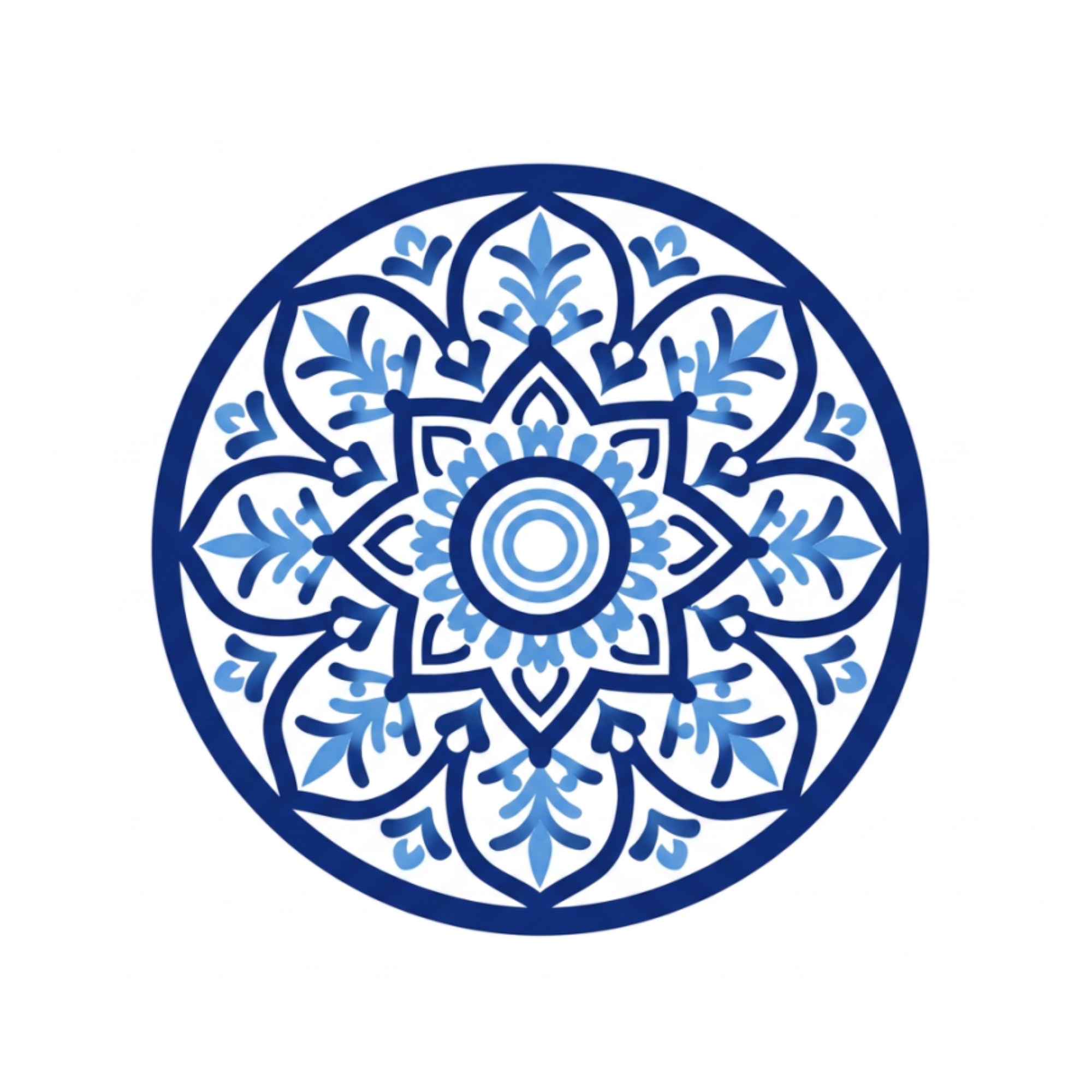 Decorative blue and light blue circular mandala pattern on a white background.