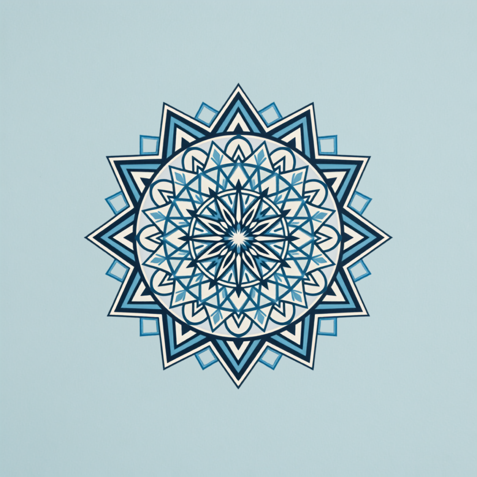 A geometric mandala pattern with blue and white colors on a light blue background.