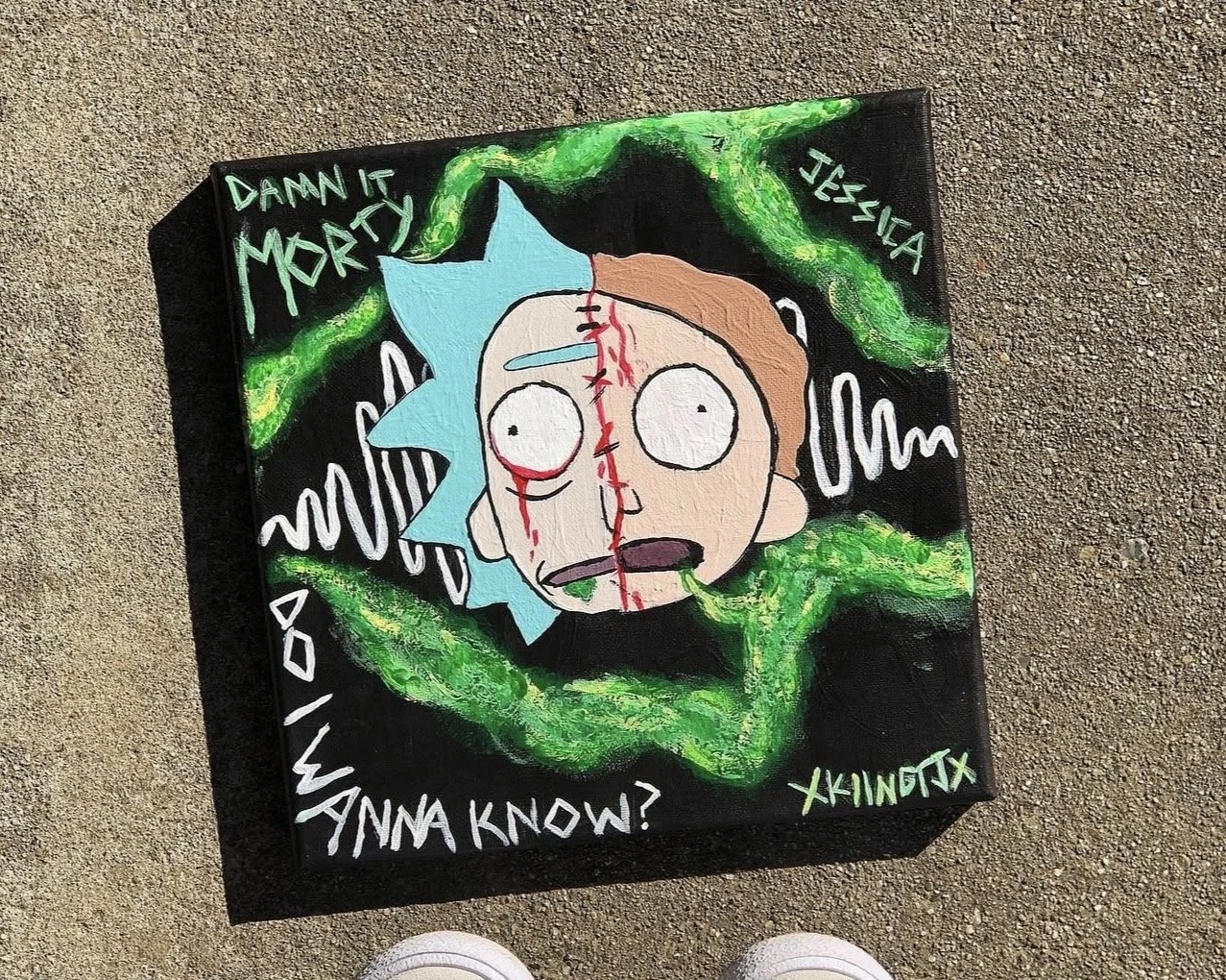A painting of a cartoon character resembling Rick Sanchez from Rick and Morty with multiple facial injuries, surrounded by green tentacle-like shapes, with text including 'Damn it Morty,' 'Jessica,' and 'You wanna know?'. The painting is on a black c