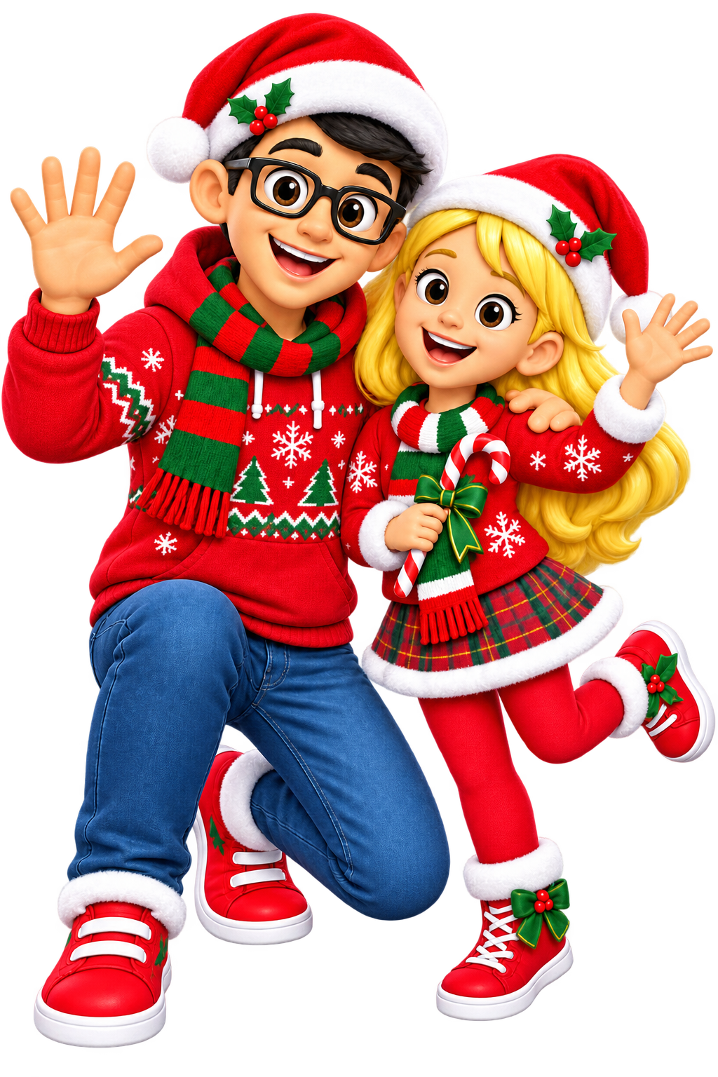 A boy and girl dressed in Christmas outfits, wearing Santa hats, smiling and waving. The girl holds a candy cane, and both wear red and green holiday clothing with festive patterns.
