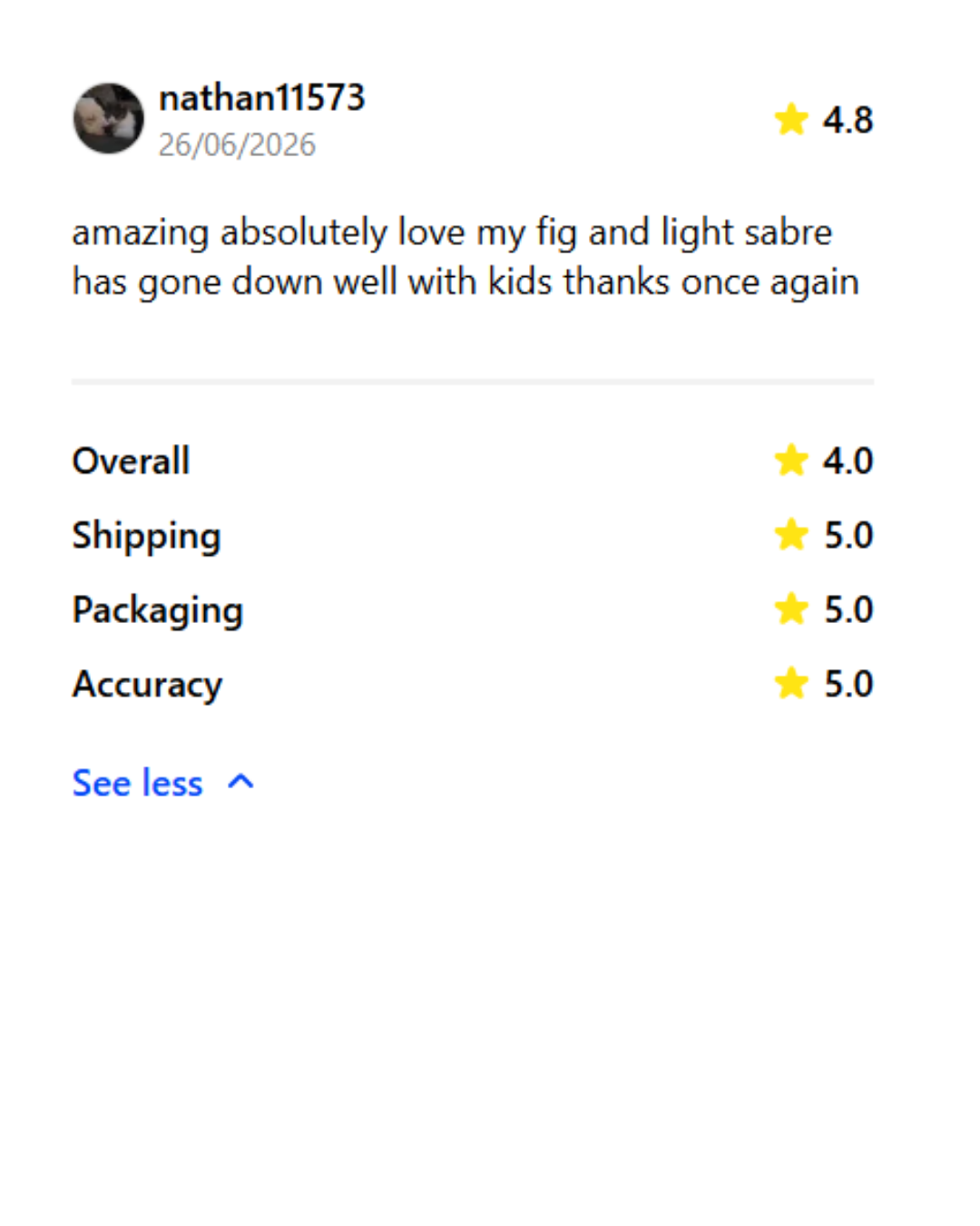 Screenshot of a product review for a toy figure, with ratings and comments.
