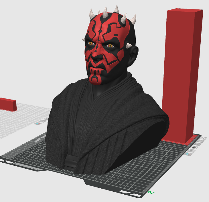 A bust of a person with a red and black tribal mask and horns, dressed in black robes, on a 3D modeling grid.
