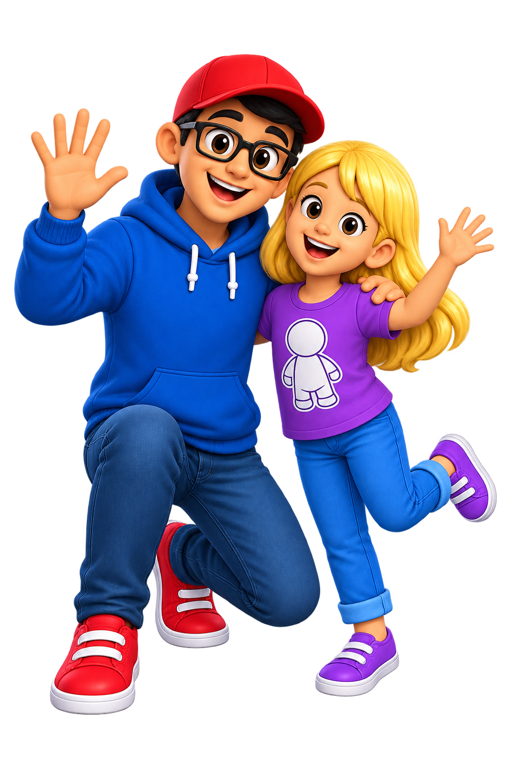 Two animated characters, a young man and a young girl, are smiling and waving. The young man wears a red cap, glasses, a blue hoodie, and red sneakers. The young girl has long blonde hair, wears a purple T-shirt with a white doll outline, purple sneakers, and blue jeans. They are posing cheerfully together.