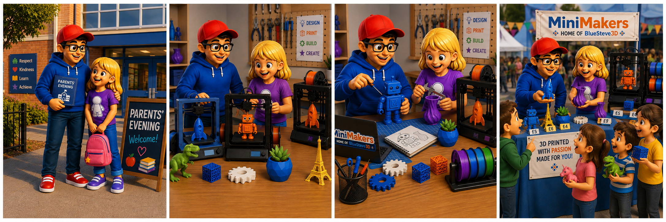Children engaging in a robotics workshop at a makerspace during a parents' evening event with signs, 3D printers, and robot toys.