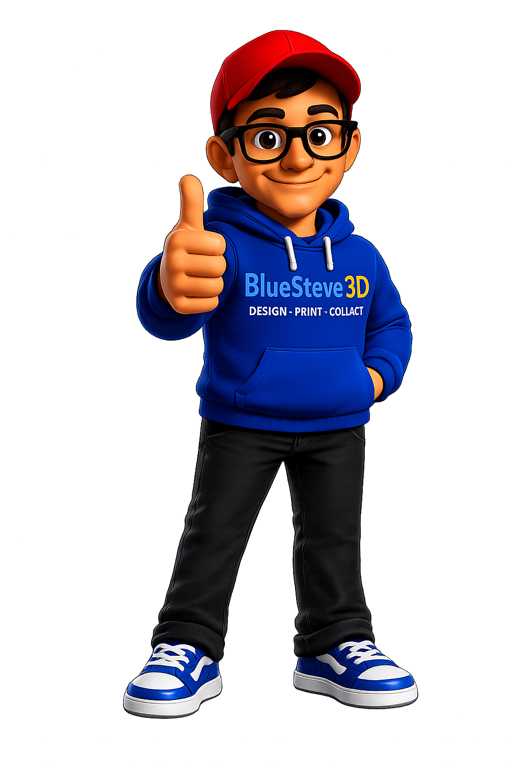 Animated character wearing a red cap, glasses, blue hoodie with 'BlueSteve3D' and 'Design - Print - Collact' written on it, black pants, and blue sneakers, giving a thumbs-up.