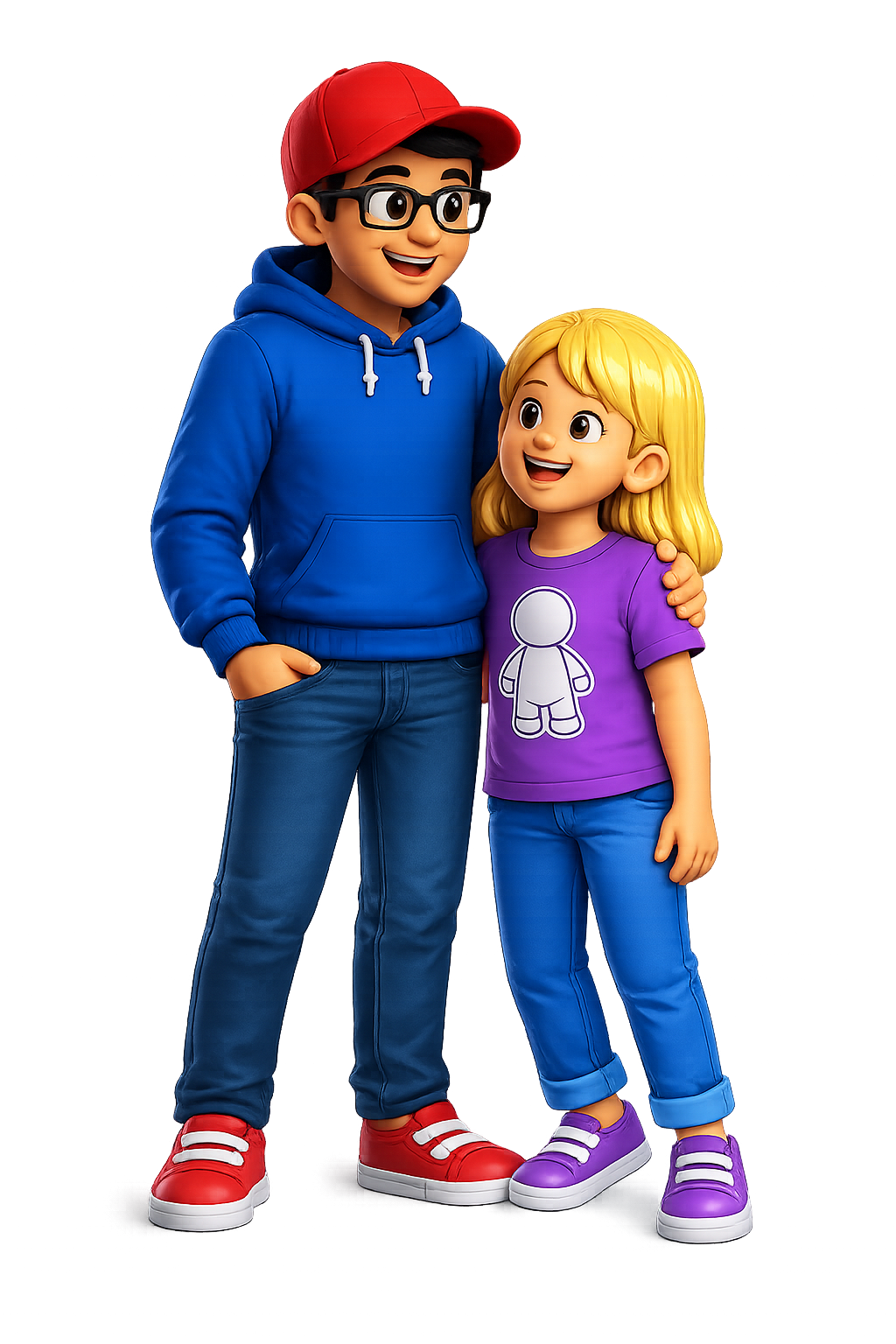 Animated boy and girl standing together, smiling, with the boy wearing a red cap, glasses, blue hoodie, jeans, and red sneakers, and the girl wearing a purple shirt with a white doll graphic, blue jeans, and purple sneakers.