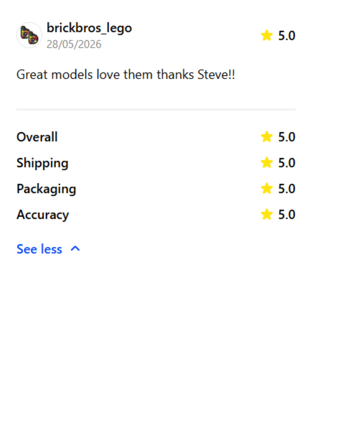 A screenshot of a positive customer review for LEGO models on an online platform, showing a five-star rating across categories like overall, shipping, packaging, and accuracy.