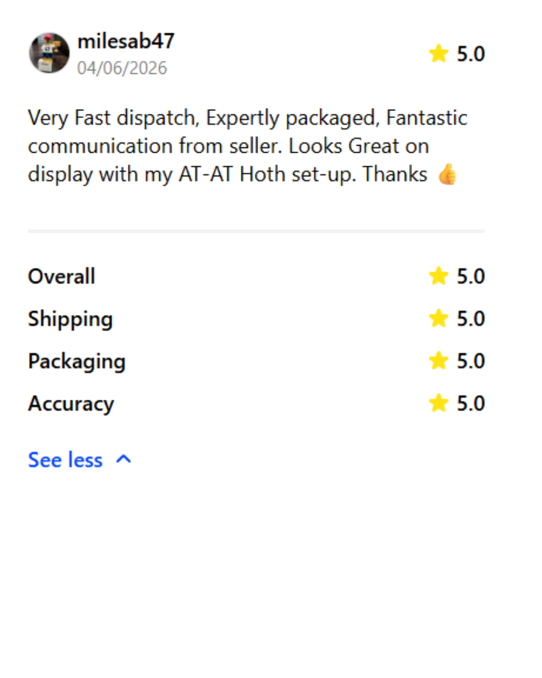 Screenshot of a product review for an AT-AT Hoth set, including a five-star rating and comments praising fast dispatch, packaging, communication, and display quality.