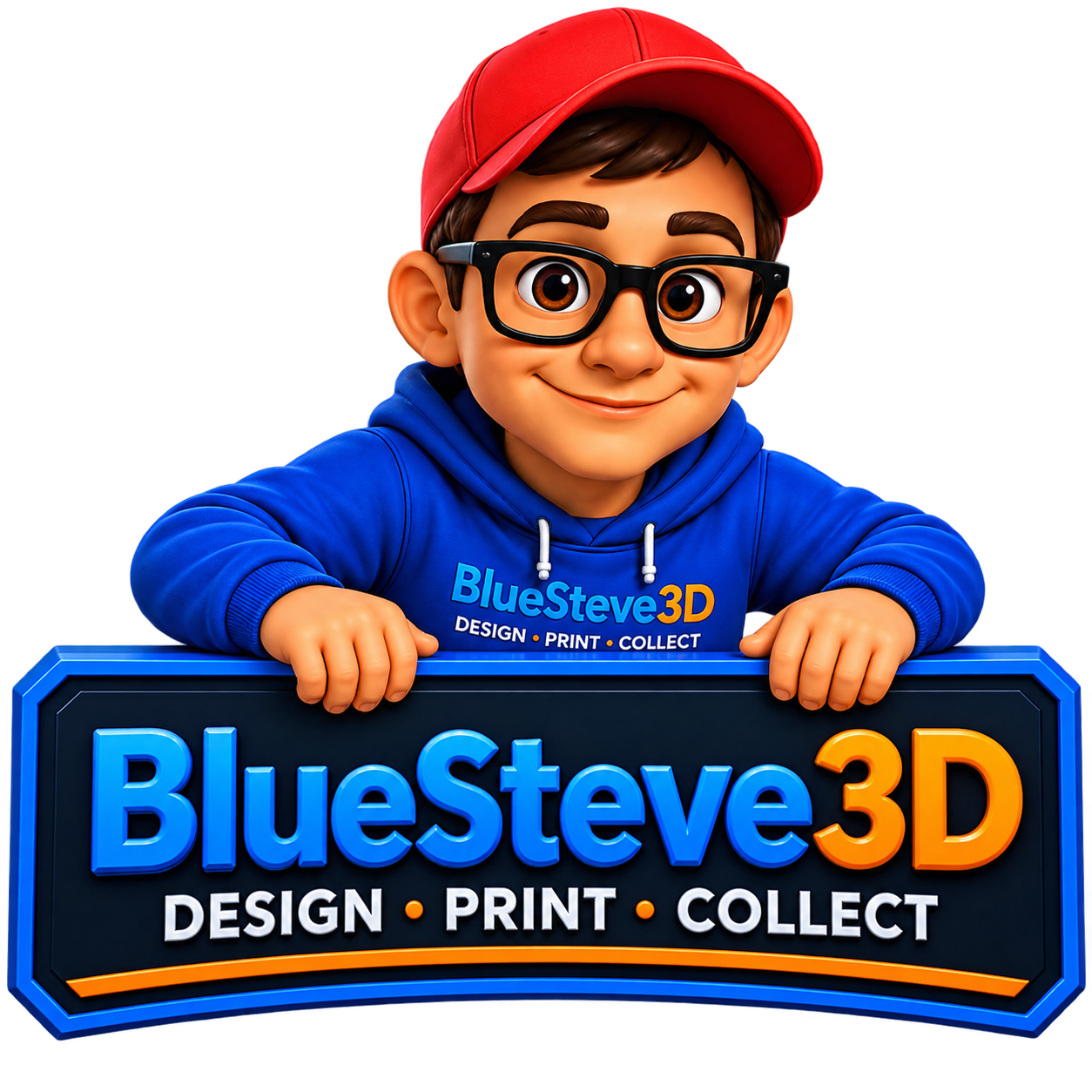 Animated character with glasses, wearing a red cap and blue hoodie, leaning over a sign that reads "BlueSteve3D Design Print Collect" with a 3D effect.