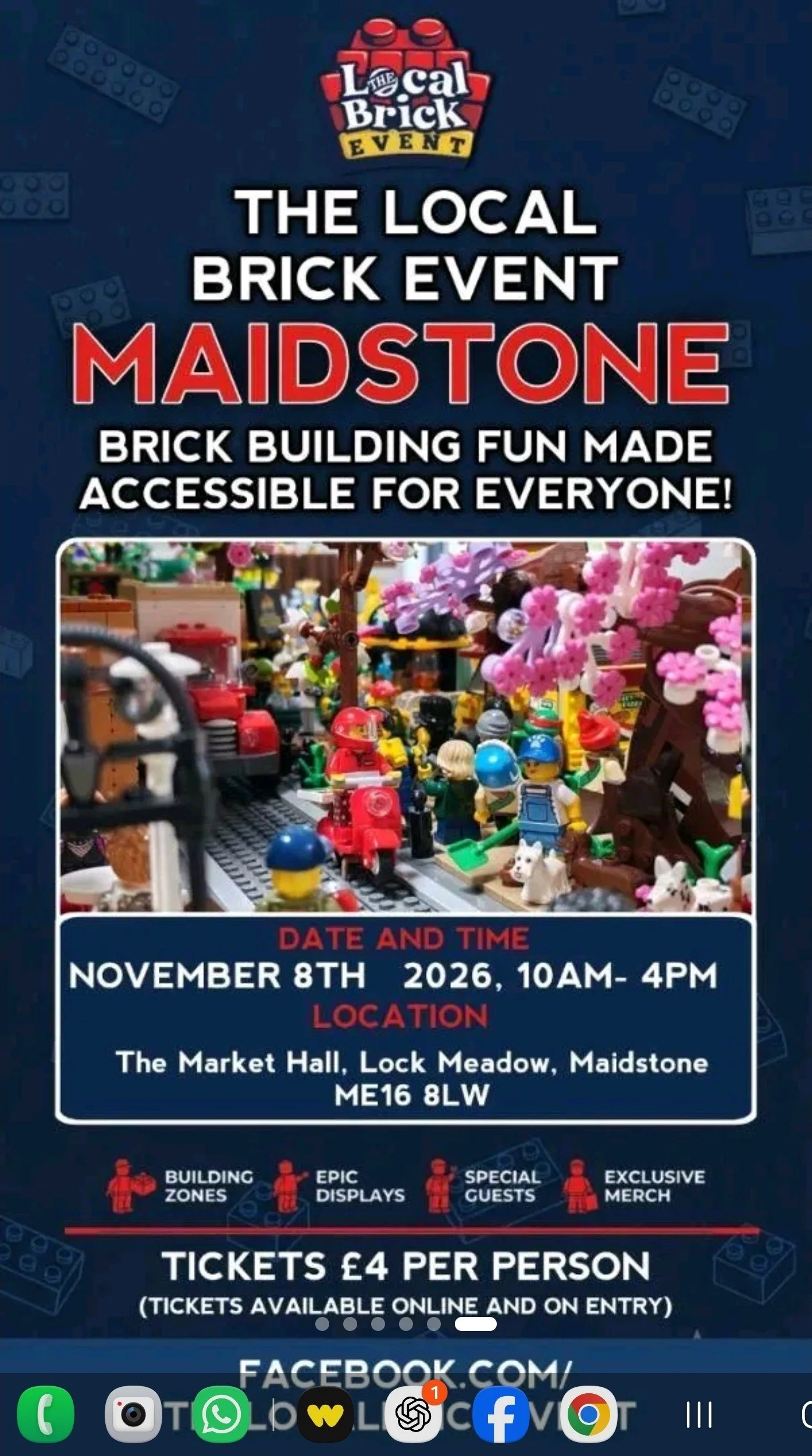 The poster features information about a Lego Brick event titled "The Local Brick Event Maidstone." It has a Lego theme with Lego minifigures and bricks at the bottom and a dark blue background with Lego brick patterns. The event is scheduled for November 8th, 2026, from 10 AM to 4 PM at The Market Hall, Lock Meadow, Maidstone, with tickets costing 4 pounds per person, available online and on entry.