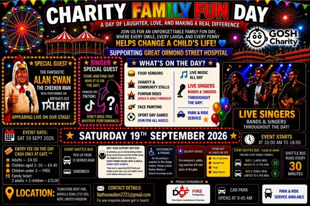 Poster for the Charity Family Fun Day on Saturday, September 19, 2026, featuring live music, food vendors, rides, face painting, sports games, and entertainment. Highlights include a special appearance by Alan Swan and performances by live bands. The event supports Great Ormond Street Hospital and is sponsored by DCF Fire Protection. Entry fee is adults £4.50, children 3-16 £4.40, children under 3 free. The event runs from 10 am to 6 pm, with shuttle buses running every 30 minutes from St George's Road.