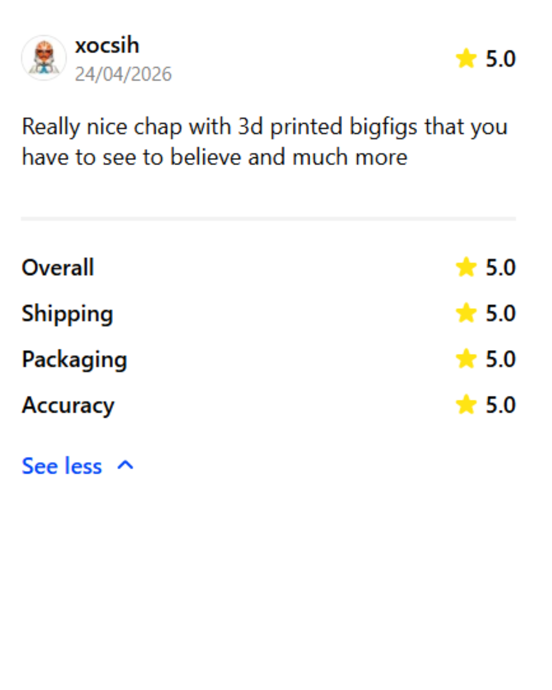 Product review showing five-star ratings for overall quality, shipping, packaging, and accuracy with comments praising the product's 3D printed Bigfigs and high quality.