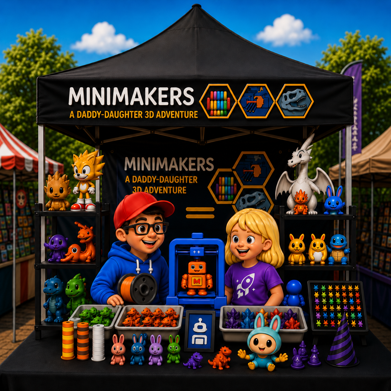 At a booth labeled "Minimakers, A Daddy-Daughter 3D Adventure," two cartoon children, a boy with glasses and a red cap, and a girl with blonde hair, are displaying colorful toy figurines including dragons, monsters, and rabbits. The booth has shelves with various figures and a backdrop with hexagonal icons of block toys, a robot, and a dinosaur. The children are smiling and engaging at the event, with tents and trees in the background.