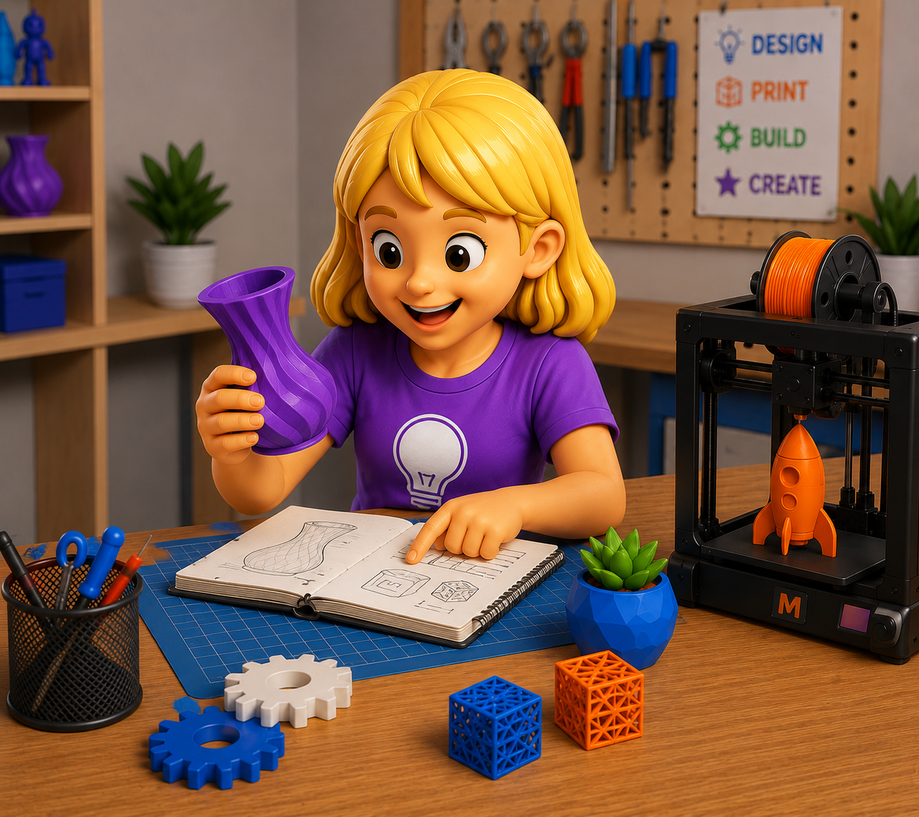 A girl with blonde hair wearing a purple shirt, sitting at a desk in a workshop, looking at a purple 3D printed vase and pointing at a sketchbook with 3D designs, with tools, gears, a 3D printer, and a potted plant around her.