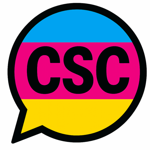 Colorful circular logo with a black outline, containing the letters 'CSC' in bold black font, inside a speech bubble design with blue, pink, and yellow horizontal sections.
