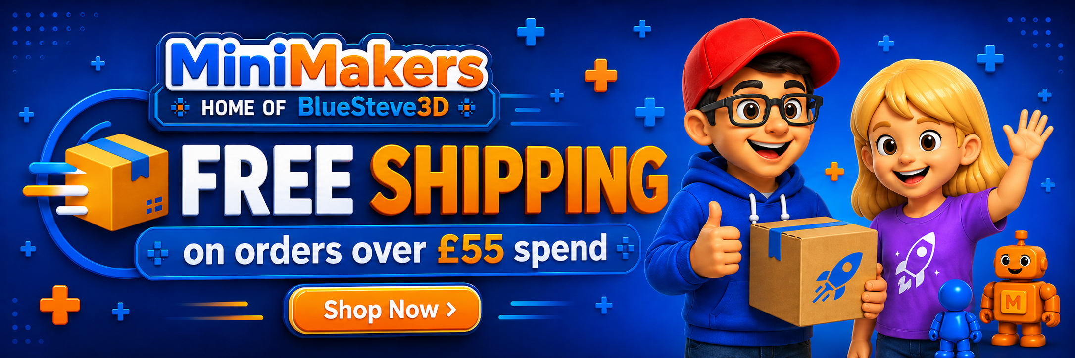 Children with toy robots and a cardboard box, promoting free shipping on orders over 55 dollars at MiniMakers.